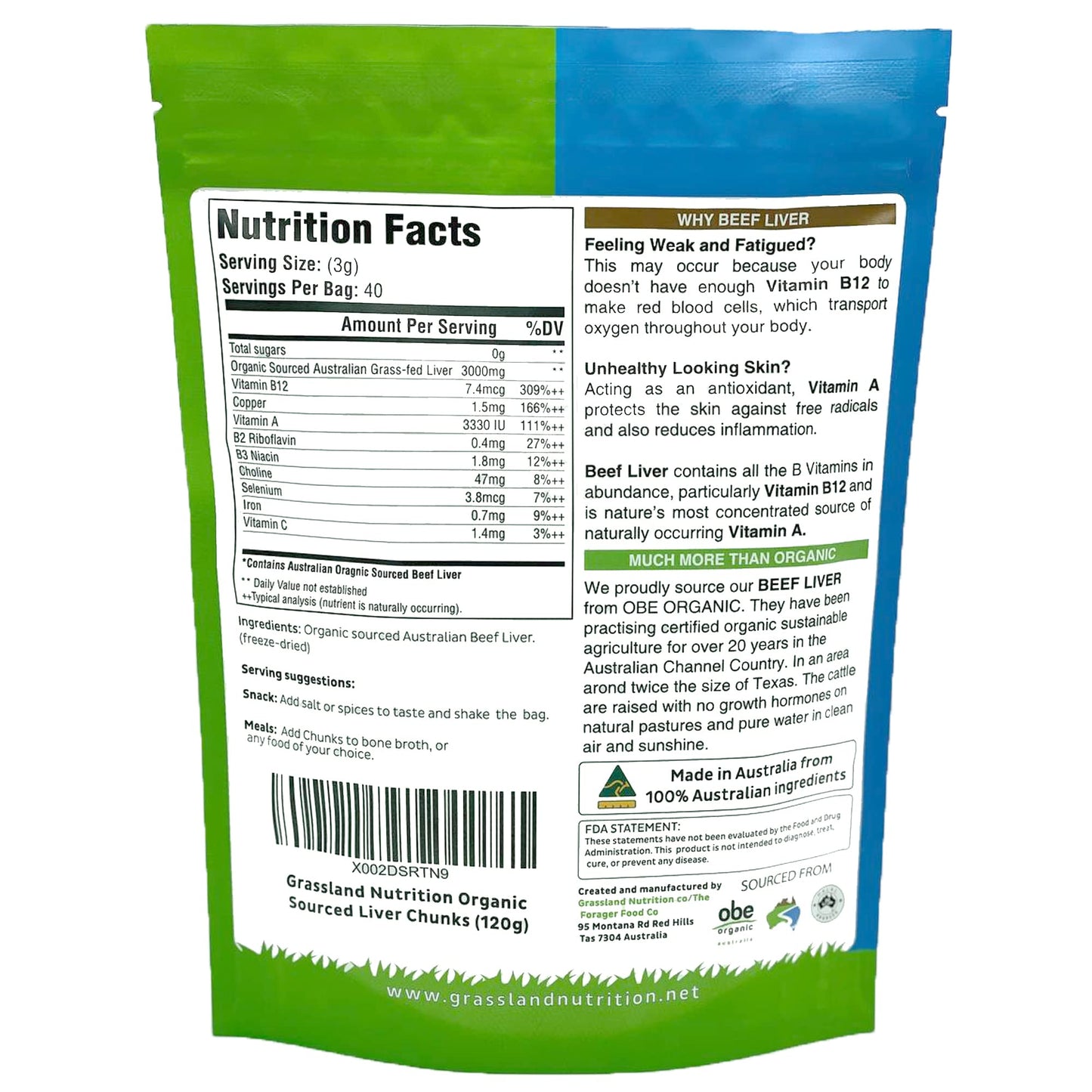 GRASSLAND NUTRITION Organic Liver Freeze Dried Chunks Chewable, 4.23 Ounce