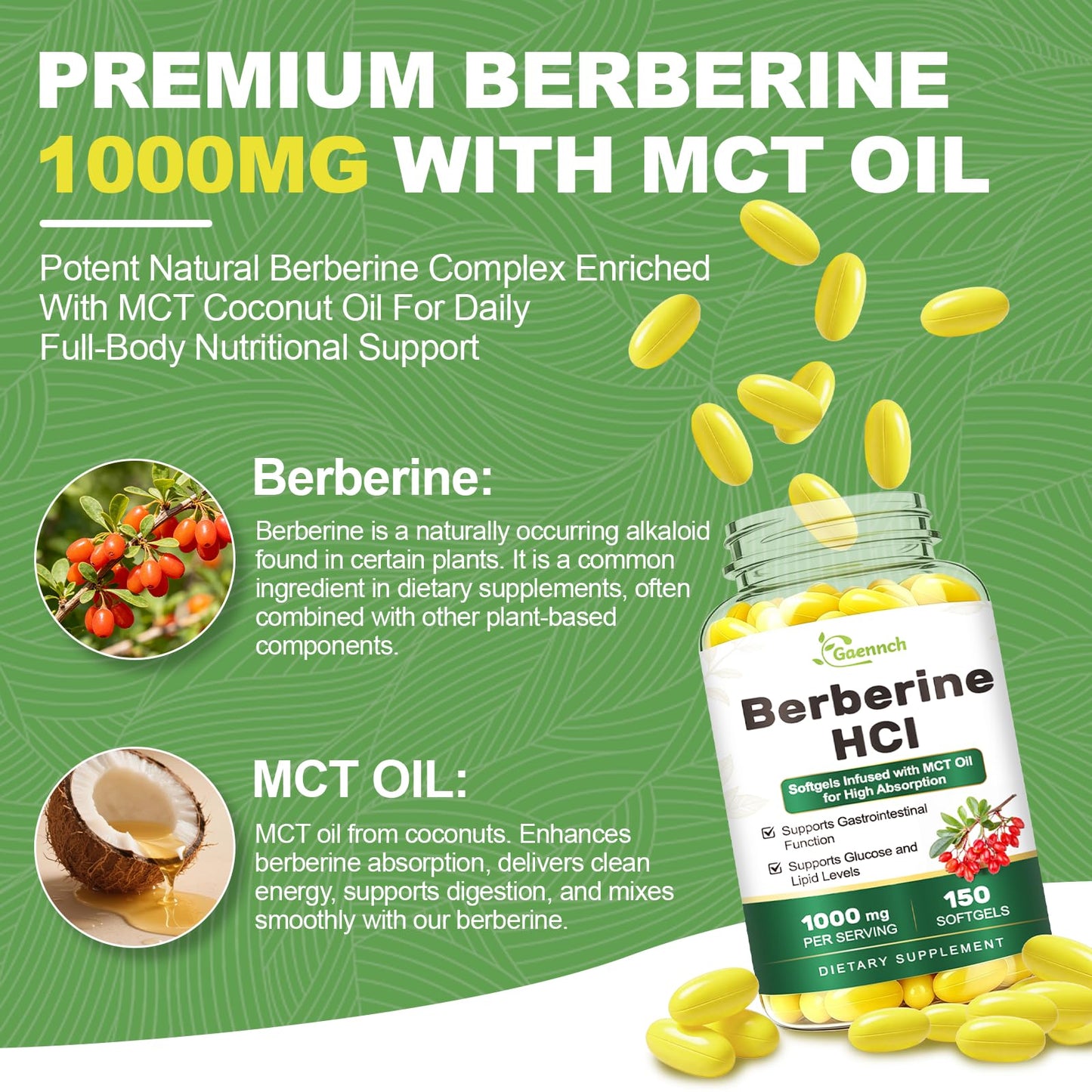 Gaennch Berberine HCl 1000mg Softgel, 150 Softgels