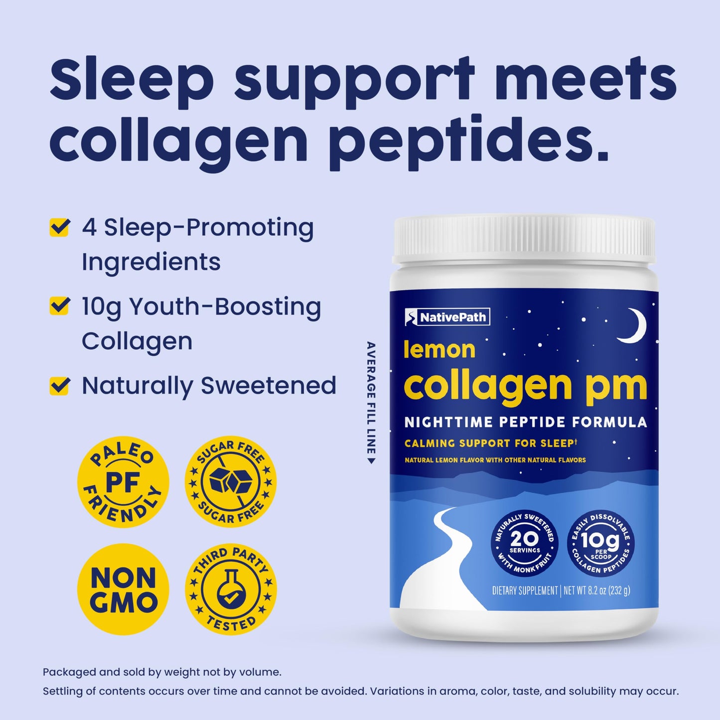 NativePath Collagen PM Sleep Powder Lemon - Melatonin, Magnesium, GABA & L-Theanine with 10g Grass-Fed Collagen - 20 Servings, Nighttime Recovery Drink, 8.2 Ounce