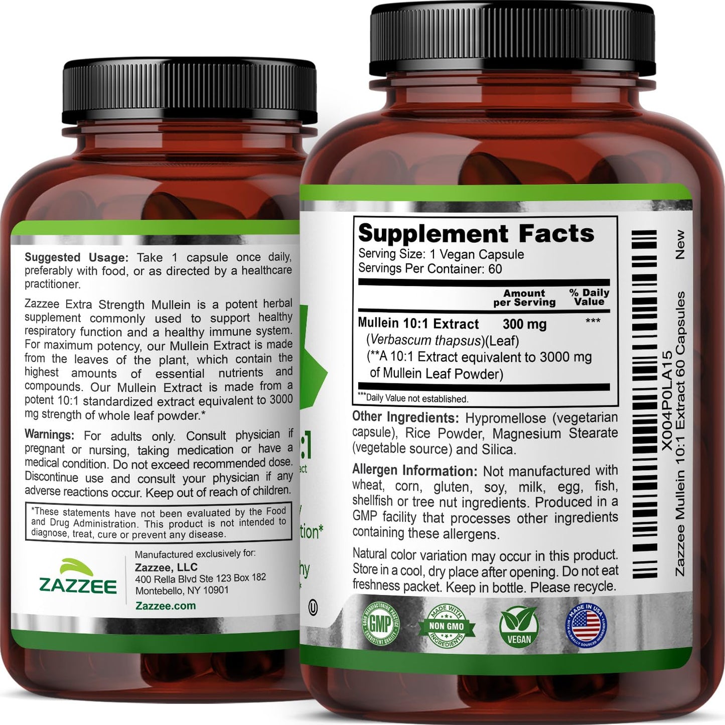Zazzee Extra Strength Mullein Leaf 10:1 Extract 60 Capsules