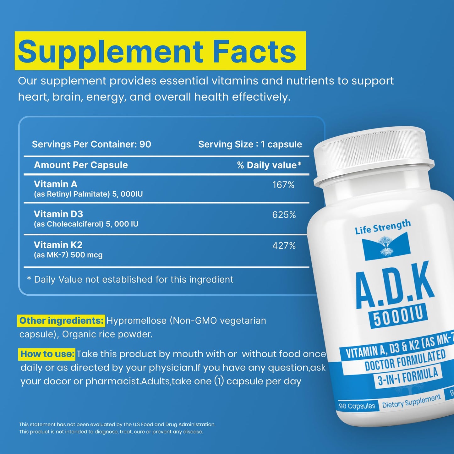 LifeStrength ADK 5 Vitamin A, D3 & K2 Capsules 90 Count