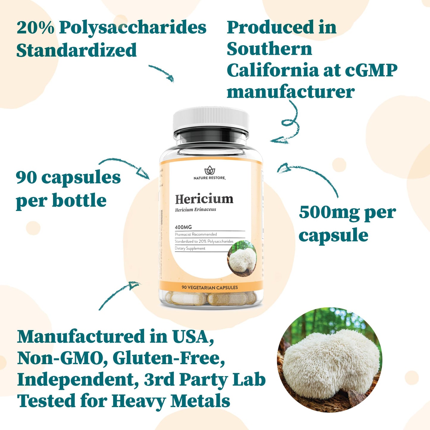 Nature Restore Hericium Erinaceus Lion’s Mane Mushroom Extract Capsules, 90 Count