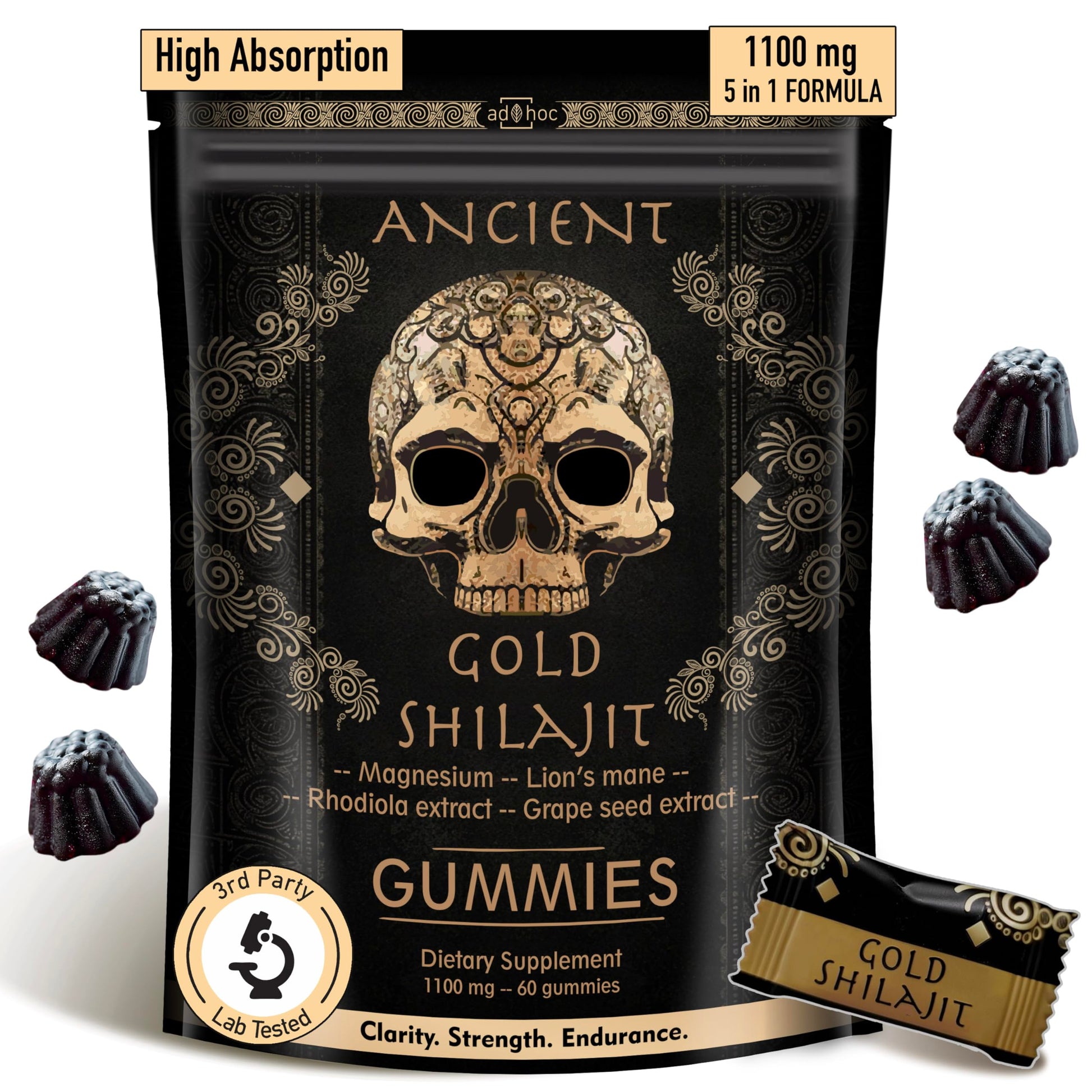 ad hoc Shilajit Gummies 1100mg Gold with Magnesium, Lions Mane, Rhodiola, Grape Seed, 85+ Trace Minerals & Fulvic Acid, Himalayan Shilajit for Energy Immune Support, 60 Count