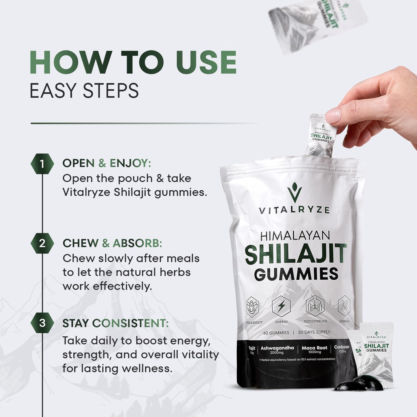 VITALRYZE Organic Himalayan Shilajit Gummies with Ashwagandha & Maca Root Gummy 1 Count