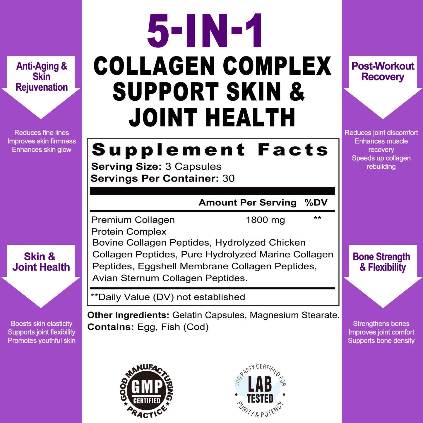 SUPABABY Premium Collagen Complex for Women - 1800mg Multi-Collagen Types I, II, III, V, X, Non-GMO & Sugar Free, 90 Capsules