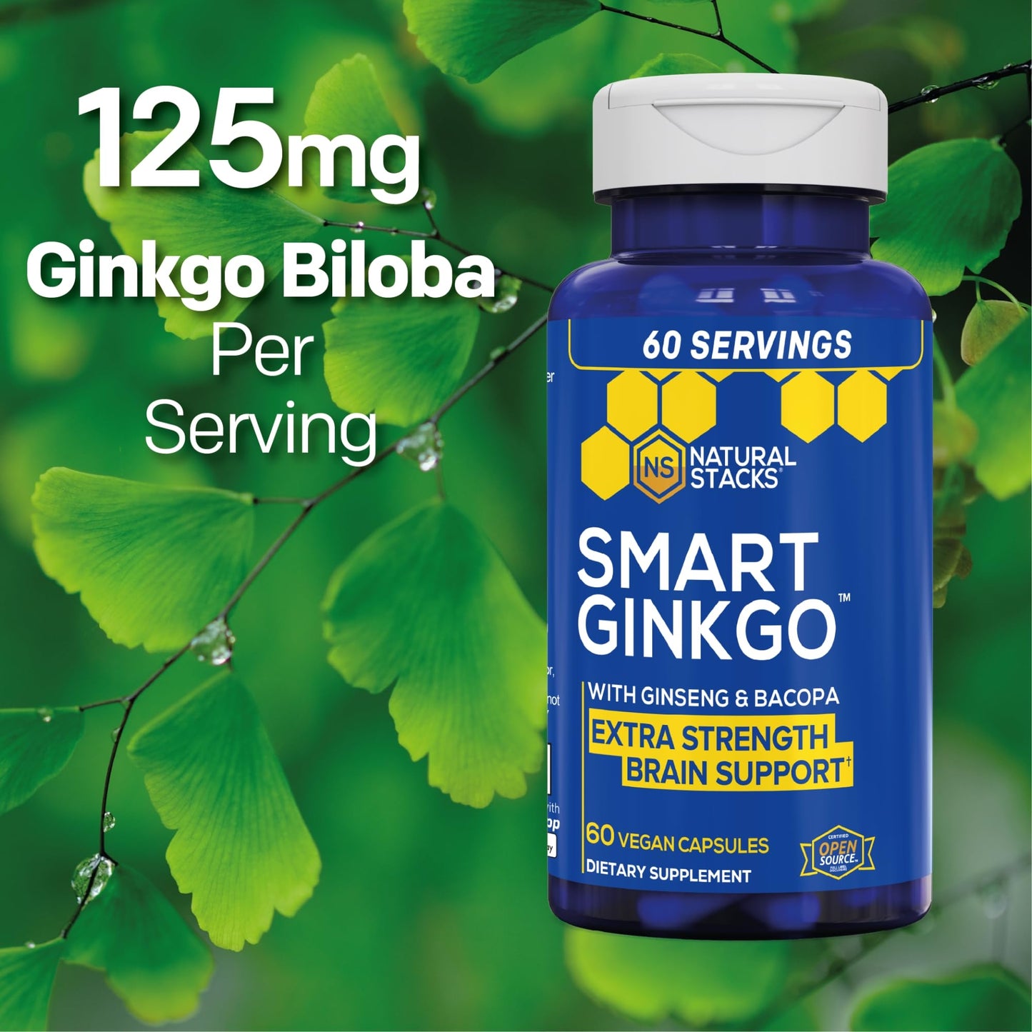 Natural Stacks Ginkgo Biloba Supplement with 200mg Panax Ginseng & 200mg Bacopa Monnieri – Brain Health & Focus Support – 60 Capsules