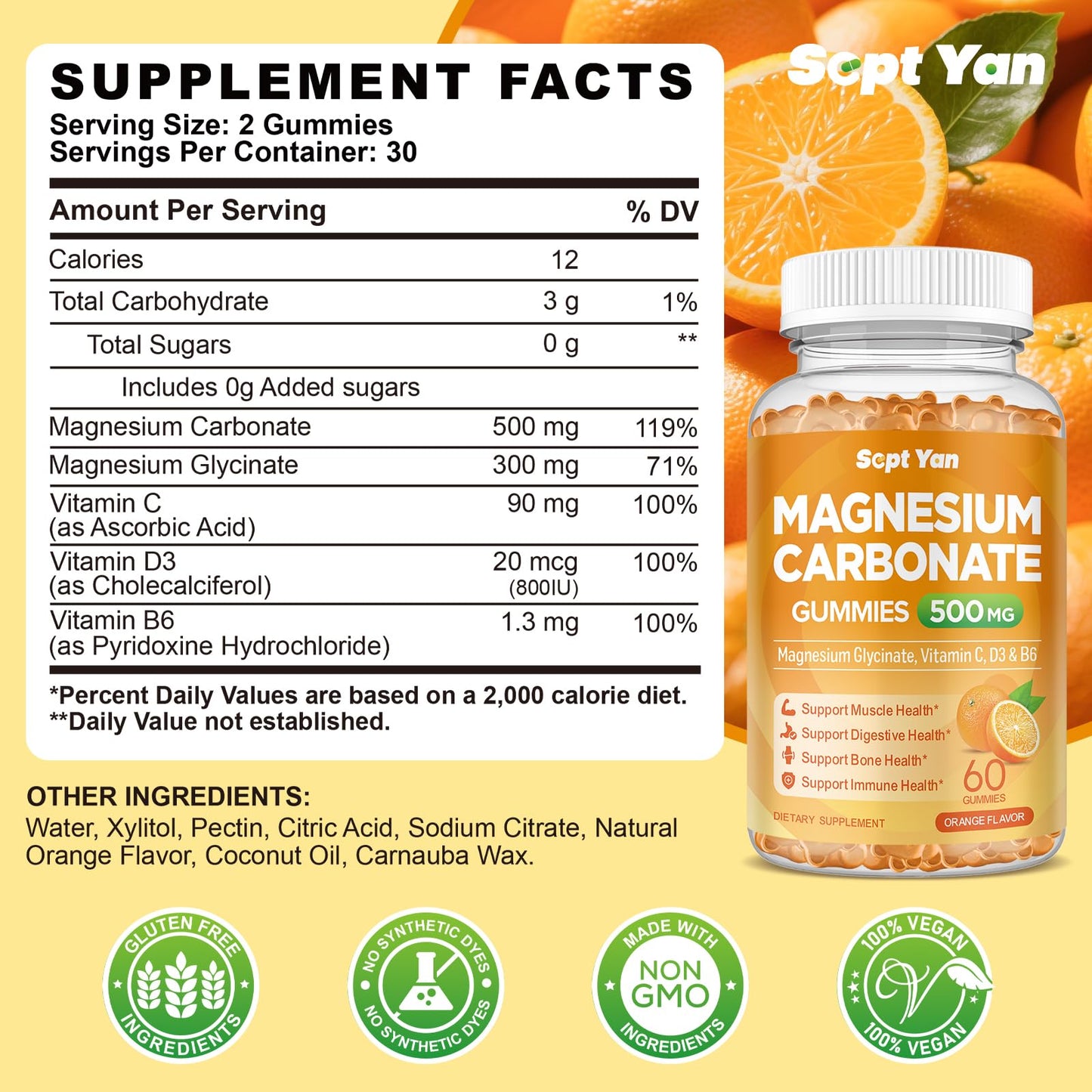 SEPT YAN Magnesium Carbonate Gummies 500mg, Magnesium Supplement with Vitamin C, D3 & B6 for Muscle, Bone, Digestive & Immune Support, Orange Flavor, Sugar Free, Vegan, 60 Gummies