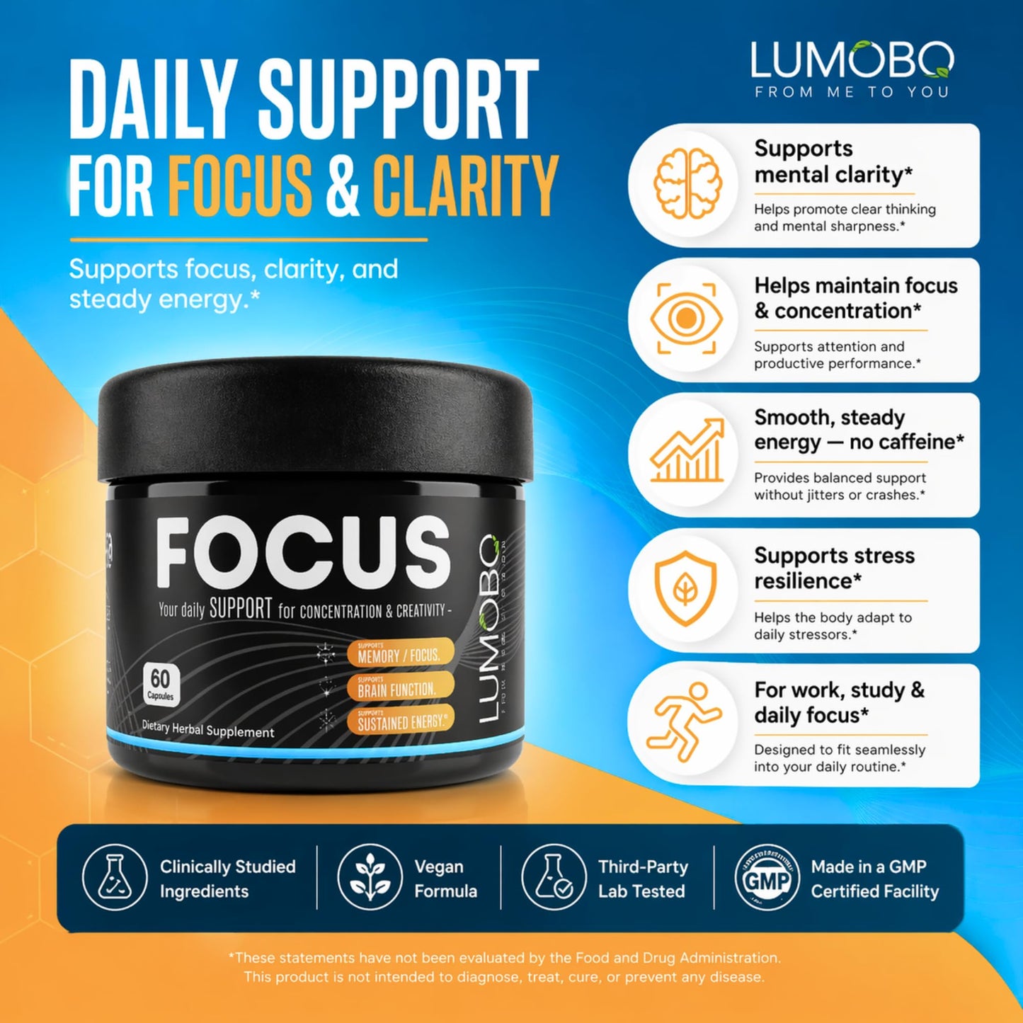 Lumobo Focus Capsules – Caffeine-Free Nootropic Brain Support with Lion's Mane, Bacopa, Rhodiola, L-Theanine & Alpha GPC – No Stimulants – 60 Vegan Capsules