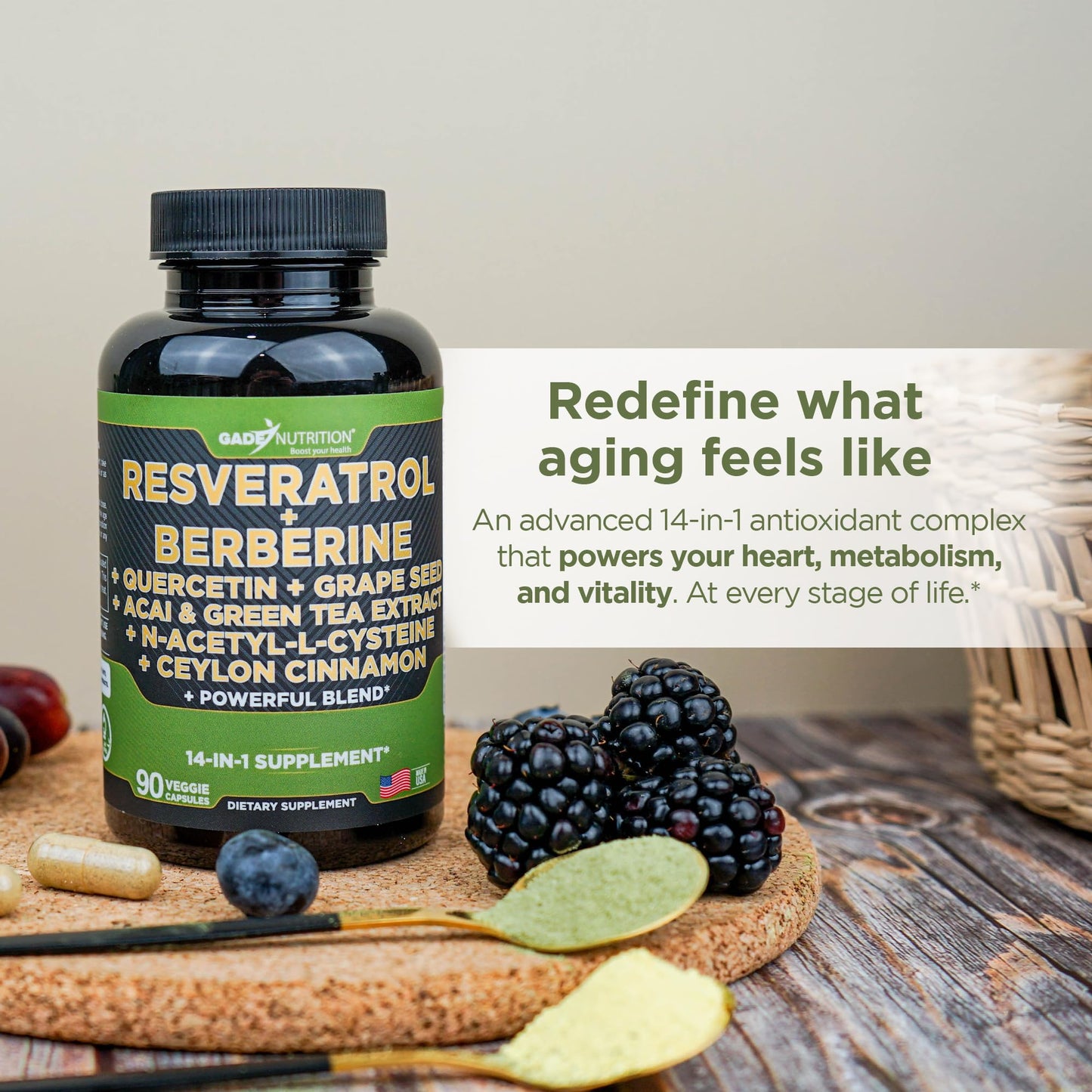 GADE NUTRITION BOOST YOUR HEALTH Resveratrol Berberine Quercetin Grape Seed Extract Green Tea Extract N-Acetyl Cysteine - 14 in 1 Complex Supplement for Women & Men with Potent Antioxidants 90 Capsules