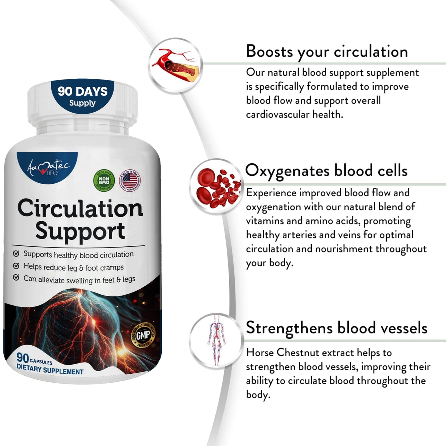 AAMATEC LIFE Blood Circulation Support Supplement for Arteries & Veins Health Capsules, 90 Count