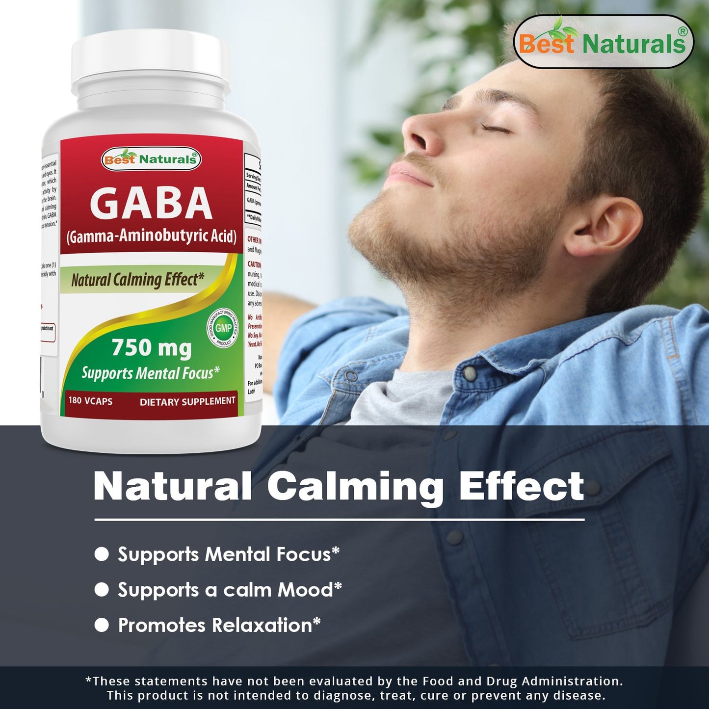 Best Naturals GABA Supplement 750mg & L-Theanine 200mg Capsules & Tablets, 120 Count