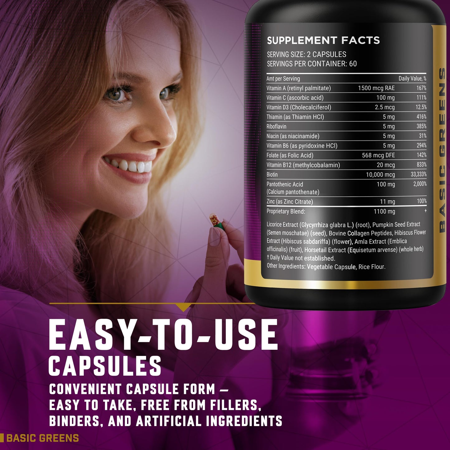 BASIC GREENS Hair, Skin & Nails Vitamins with Biotin 10000 mcg, Collagen & B-Complex – Supports Healthy Hair, Glowing Skin & Strong Nails – Non-GMO, Gluten-Free, 120 Capsules