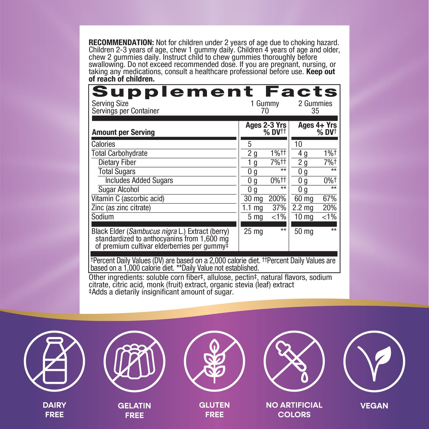 Nature's Way Sambucus Kids Zero Sugar Elderberry Immune Gummies, 70 ct