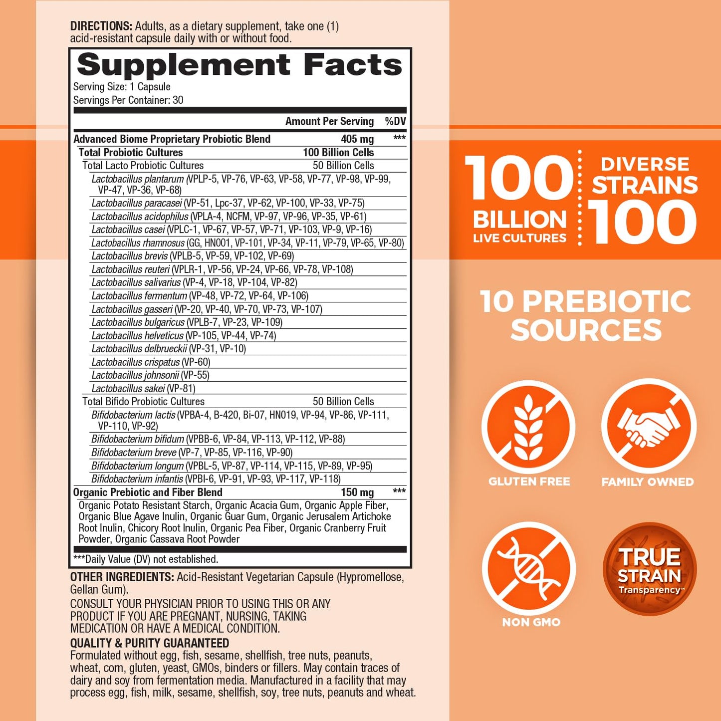 Vital Planet Vital Flora Advanced Biome Probiotic 100 Billion CFU, 100 Diverse Strains, 10 Organic Prebiotics, Immune Support, Colon and Digestive Health Probiotics for Women and Men 30 Capsules