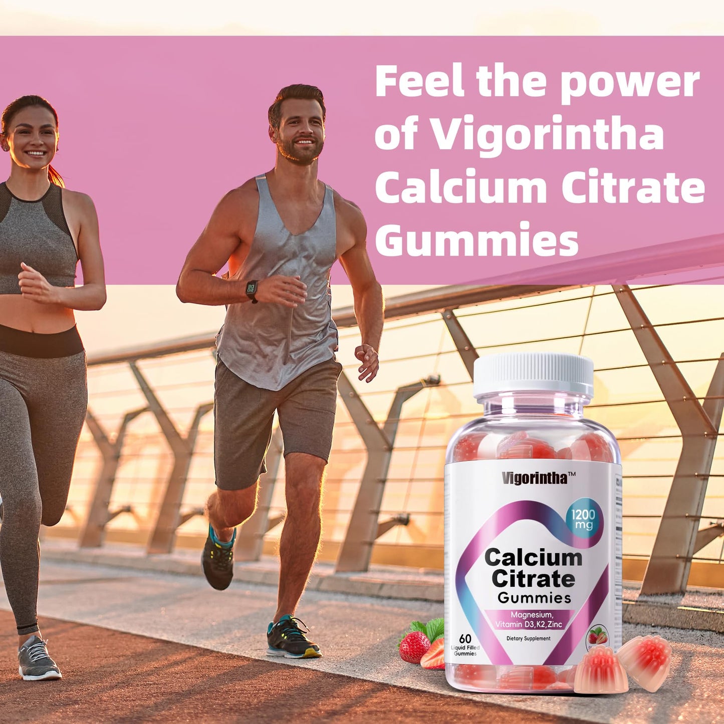 Vigorintha Calcium Citrate Gummies 1200mg with Magnesium, Vitamin D3, K2, Calcium Supplements for Women & Men - Easy to Digest, Vegan, Gluten Free, Sugar Free - Strawberry Flavor, 60 Gummies