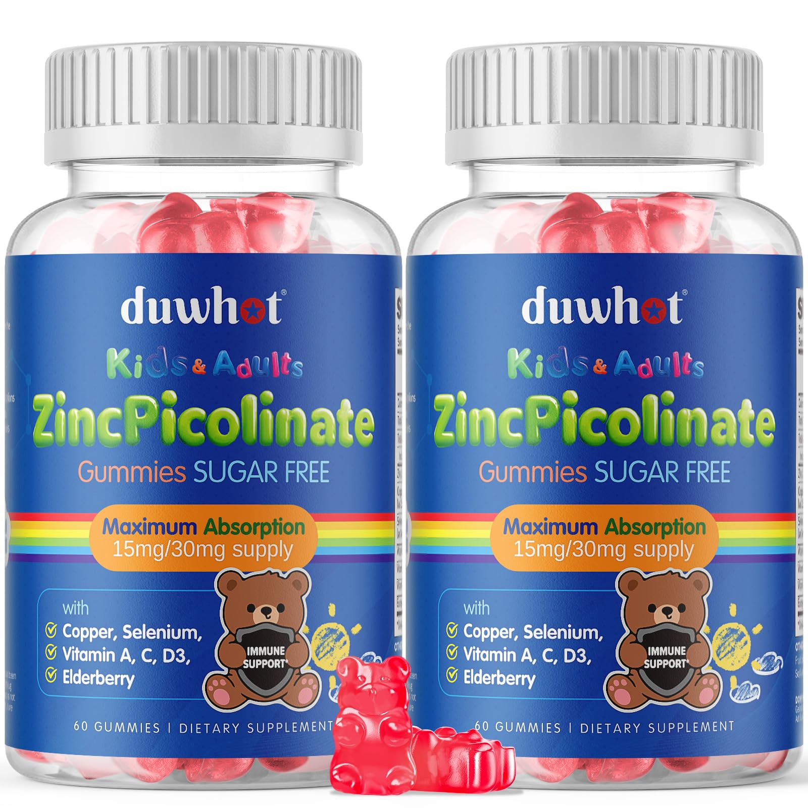 duwhot Zinc Picolinate 30mg Gummies with Copper, High Absorption Form, with Selenium & Elderberry, Sugar Free, for Kids, 120 Gummies