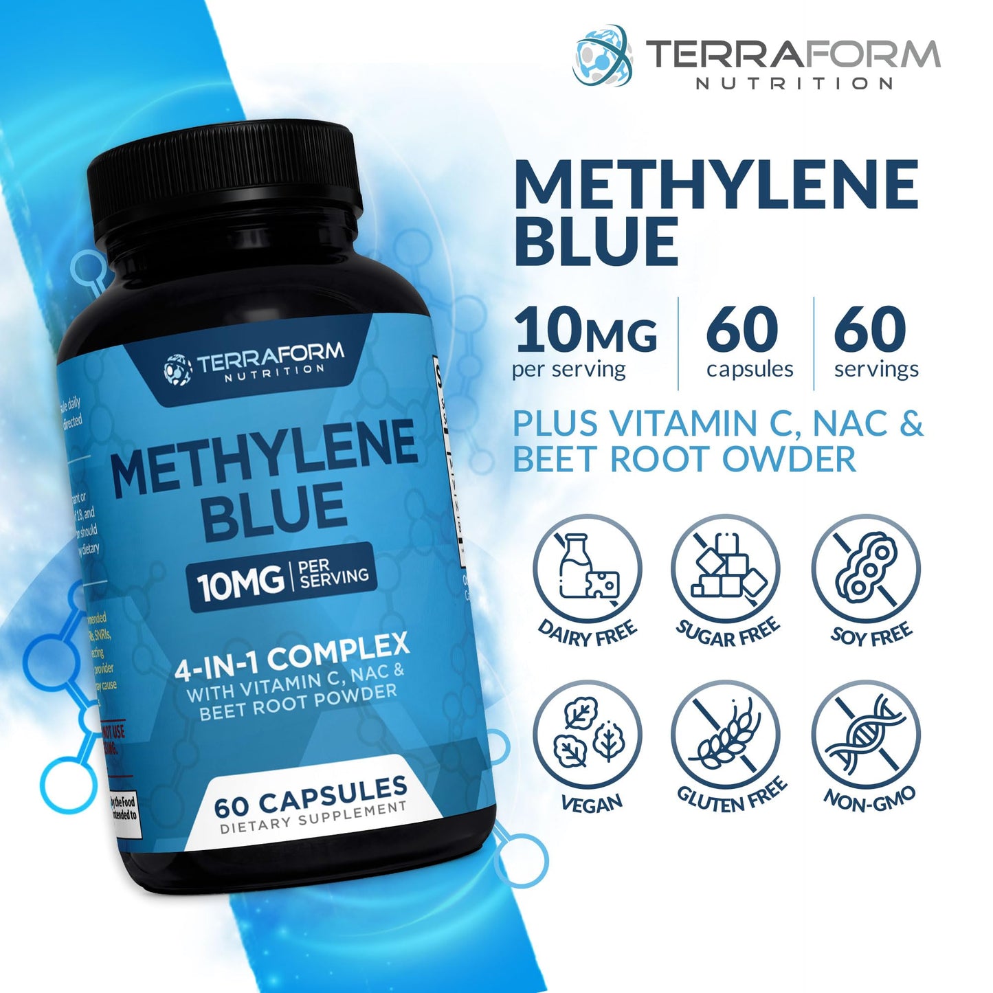 TerraForm Nutrition Methylene Blue 10mg Capsules 60 Count