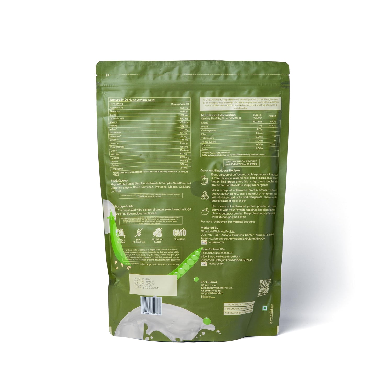 BE ODD Vegan Protein Powder Unflavored, 35 Servings