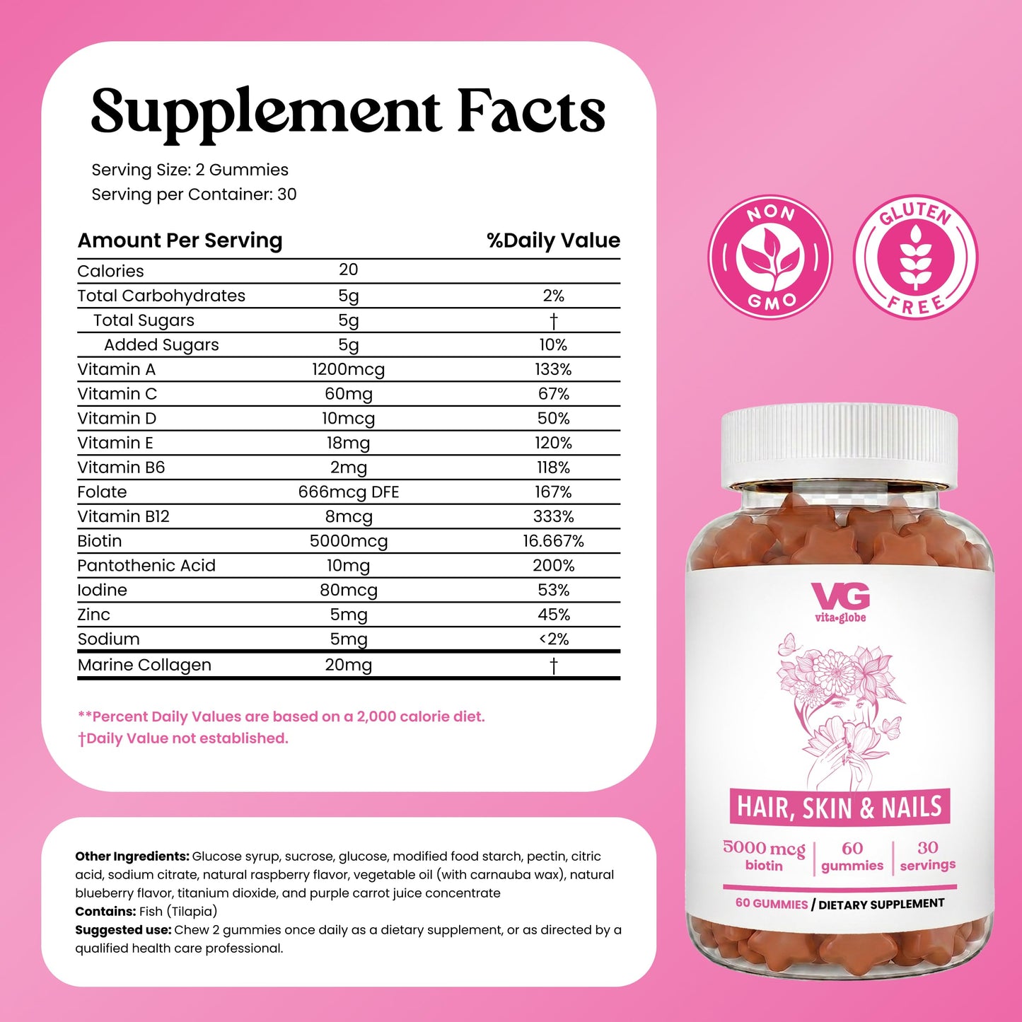 VITA GLOBE Hair, Skin & Nails + Collagen Gummies – 20mg with Vitamins A, C, D, E, B6 & Biotin, Beauty & Wellness Supplement for Healthy Hair Growth, Radiant Skin & Strong Nails, 60 Gummies