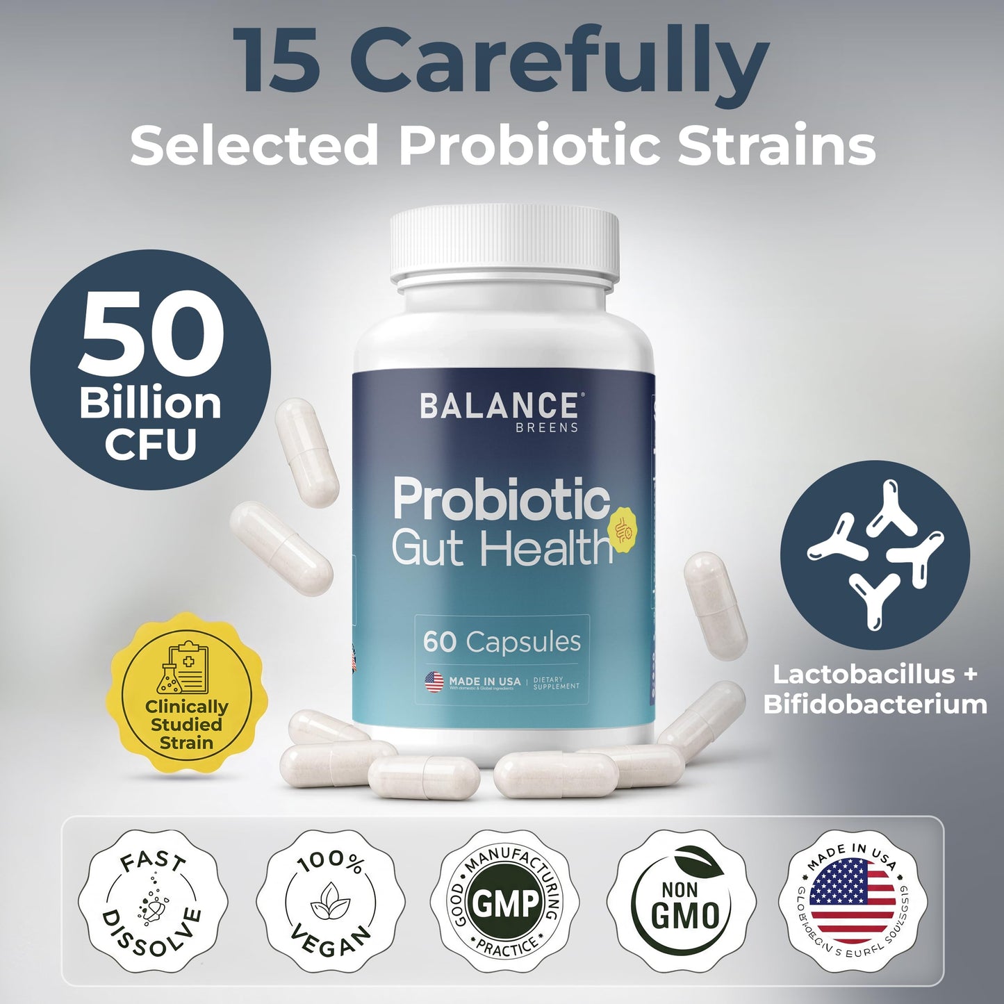 Balancebreens Probiotic Supplement 50 Billion CFU - 15 Strains, Capsules 120 Count