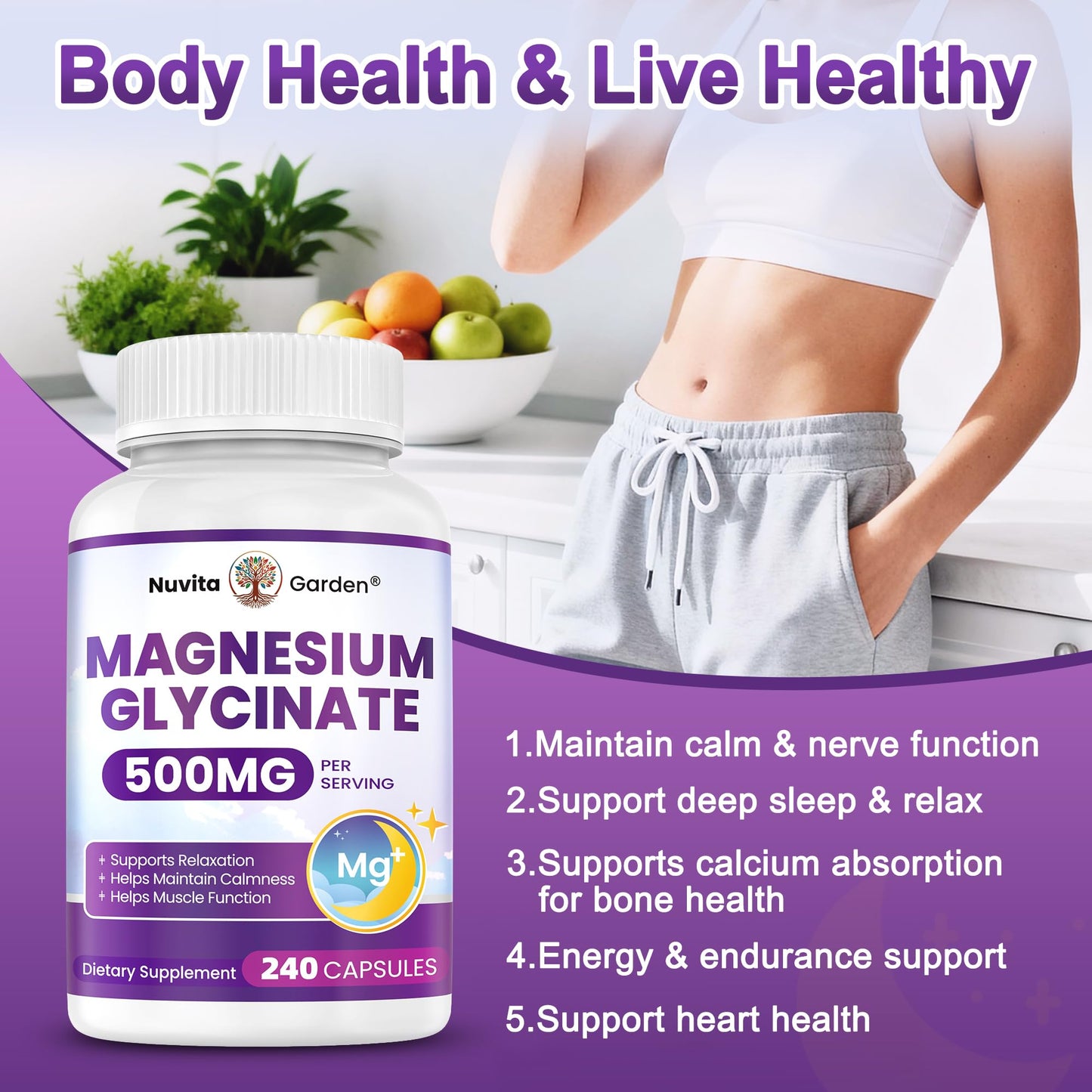 NuvitaGarden Magnesium Glycinate 500mg Capsules 240-Count