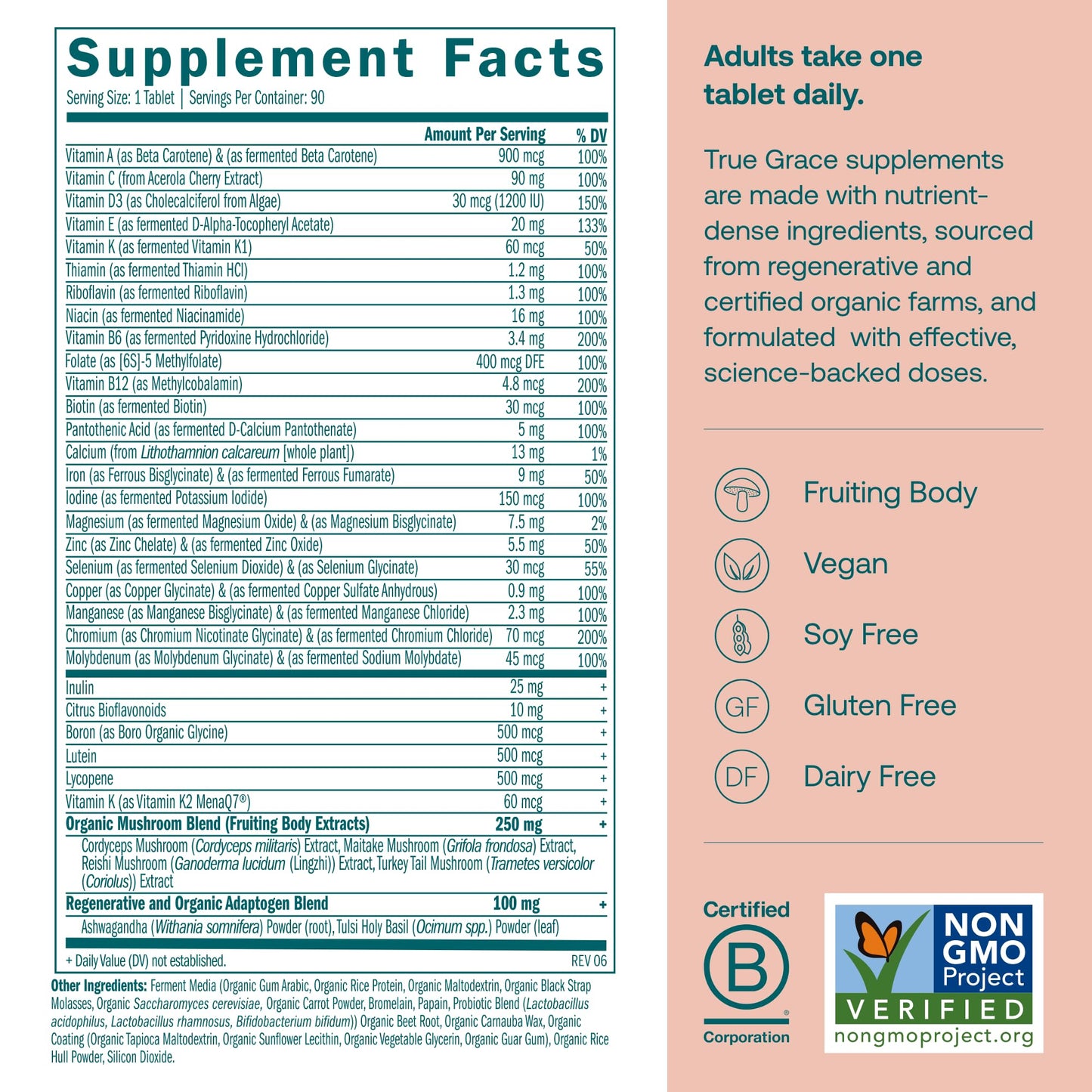 True Grace One Daily Women’s Multivitamin Fermented Minerals, Organic Adaptogens & Mushrooms Whole Body Balance, Immune, Energy, Beauty Support, 90 Tablets