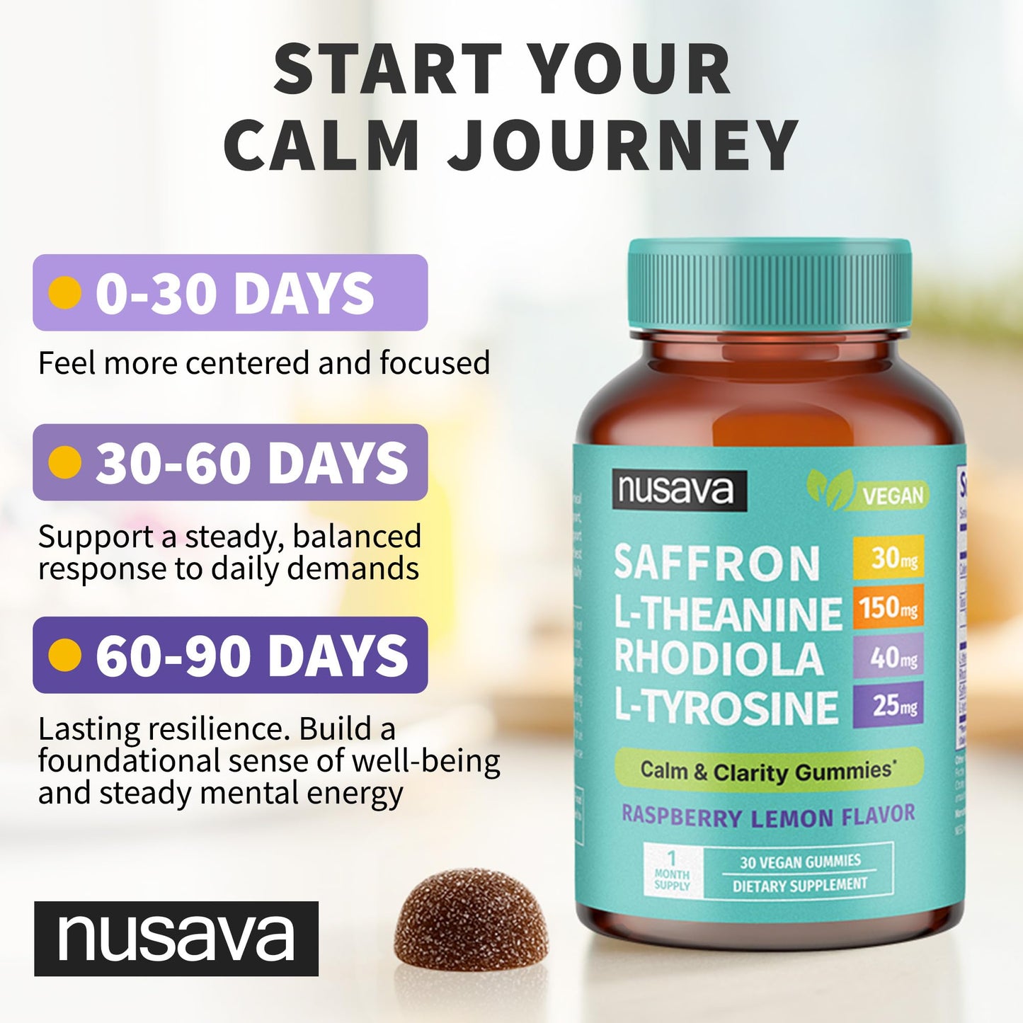 NUSAVA 4-in-1 Saffron Gummies with Rhodiola Rosea, L-Theanine & L-Tyrosine - Saffron Mood Support, Vegan, Non-GMO & Gluten-Free, 30 Count