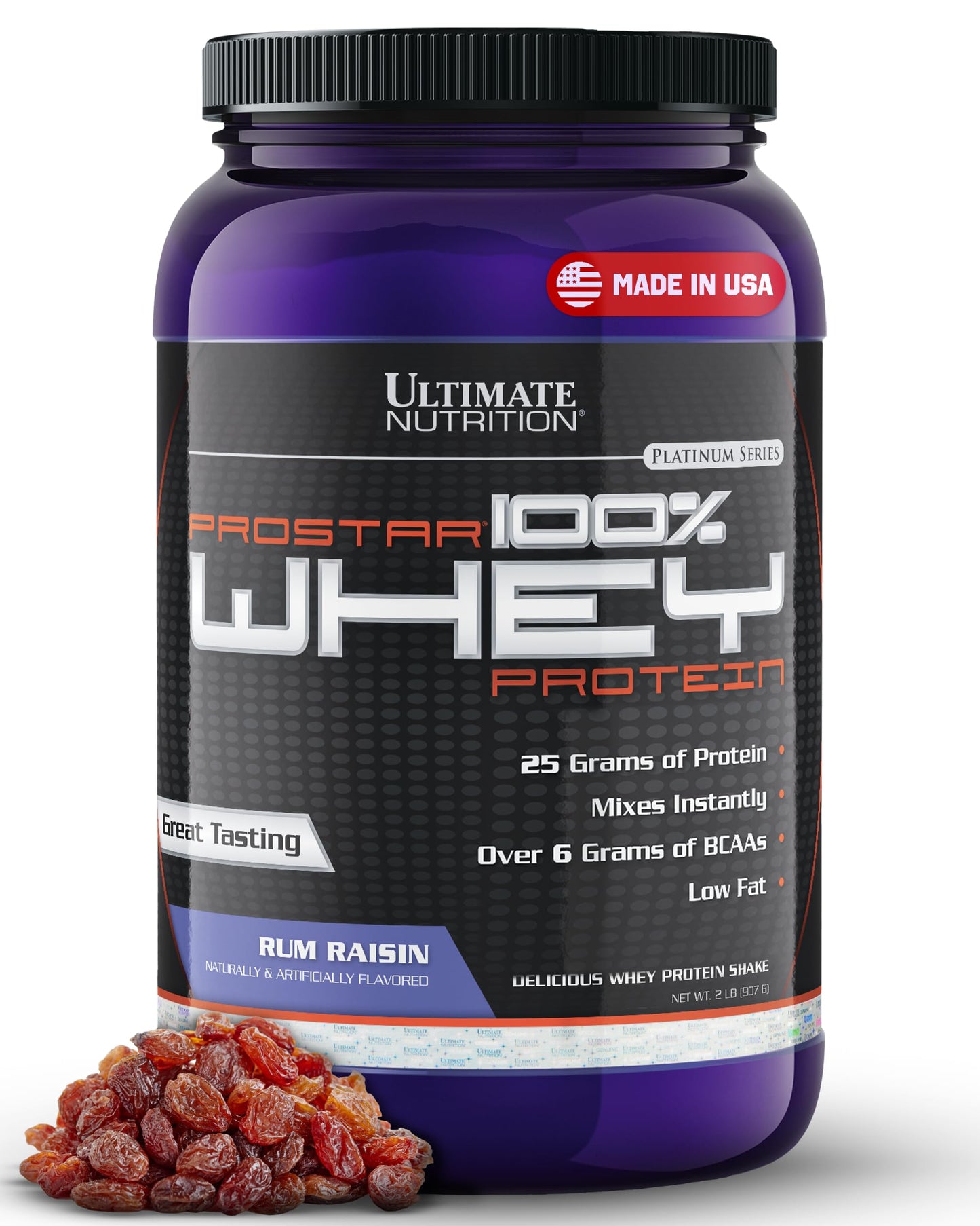 Ultimate Nutrition Prostar Whey Protein Isolate Powder, Rum Raisin, 2 lb, 32