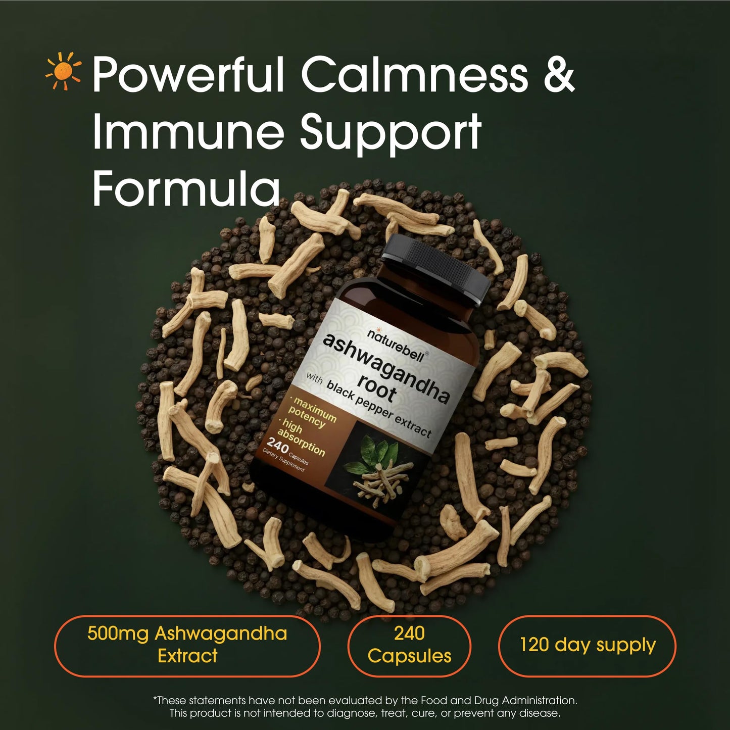 NatureBell Ashwagandha Root with Black Pepper Extract Capsules 240 Count
