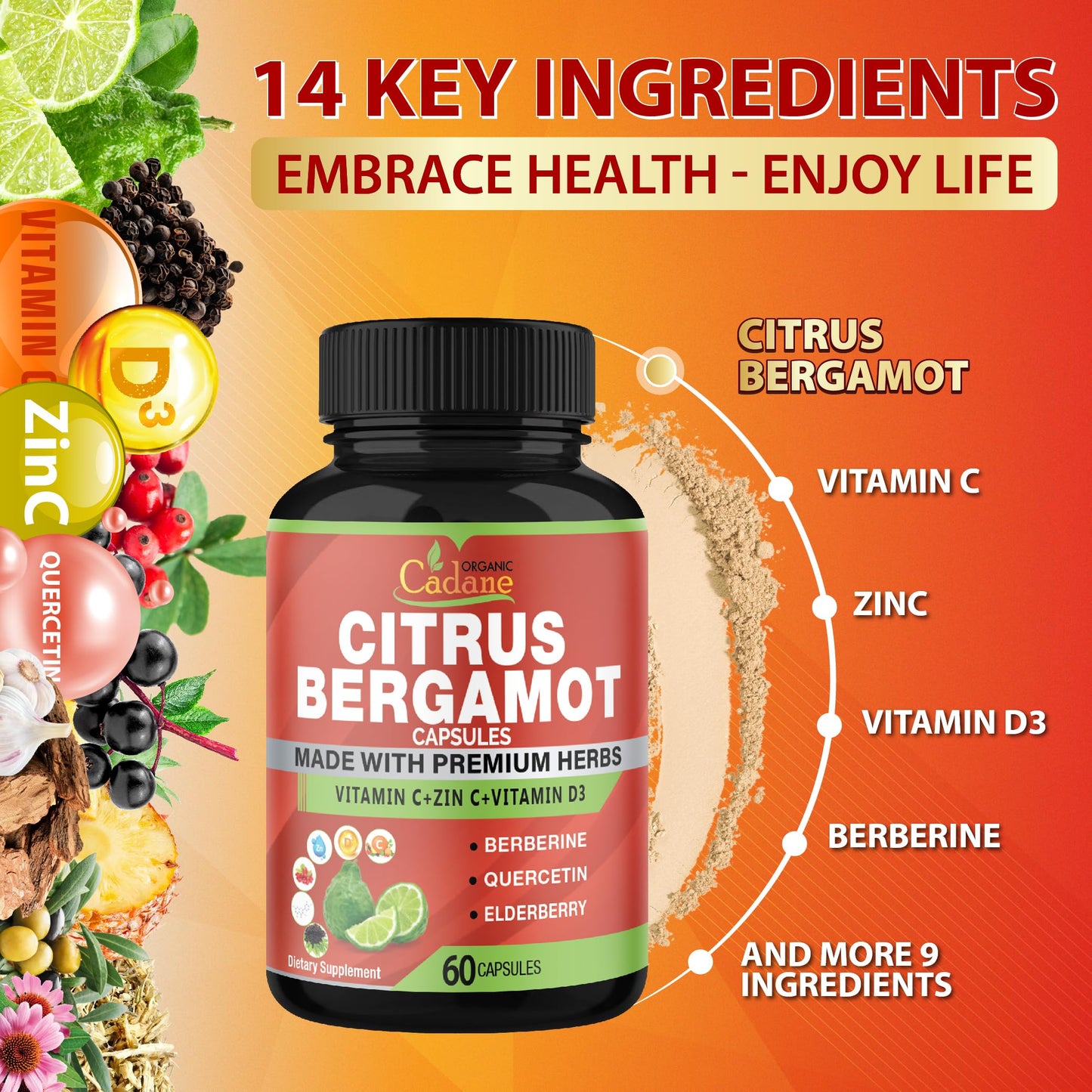 Organic Cadane Citrus Bergamot Extract Capsules 60 Count