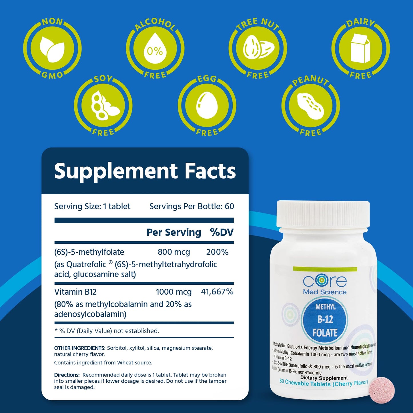 Core Med Science Methyl B12 Folate Supplement for Women & Men Chewable 60 Count