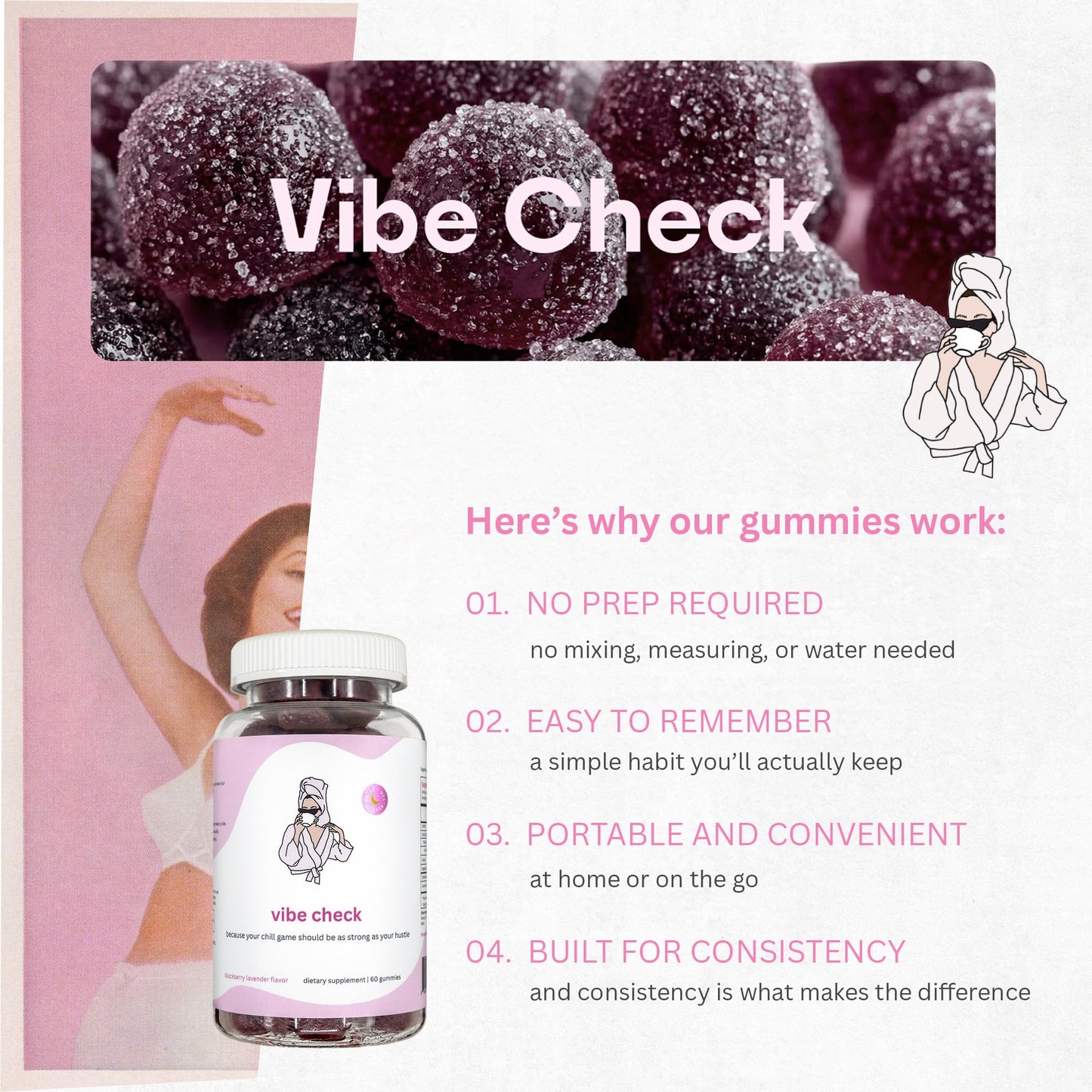 Balancing Act Vibe Check Magnesium Gummies for Women – Melatonin-Free Calm & Relaxation Support with Magnesium, Chamomile & Lemon Balm – BlackBerry Lavender, 60 Count