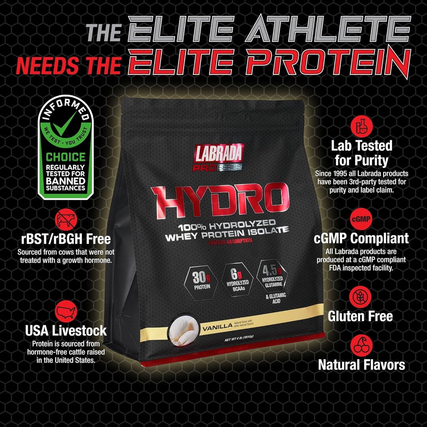 Labrada Hydro 100% Pure Hydrolyzed Whey Protein Isolate Powder, Vanilla, 64 Servings, 4 lb