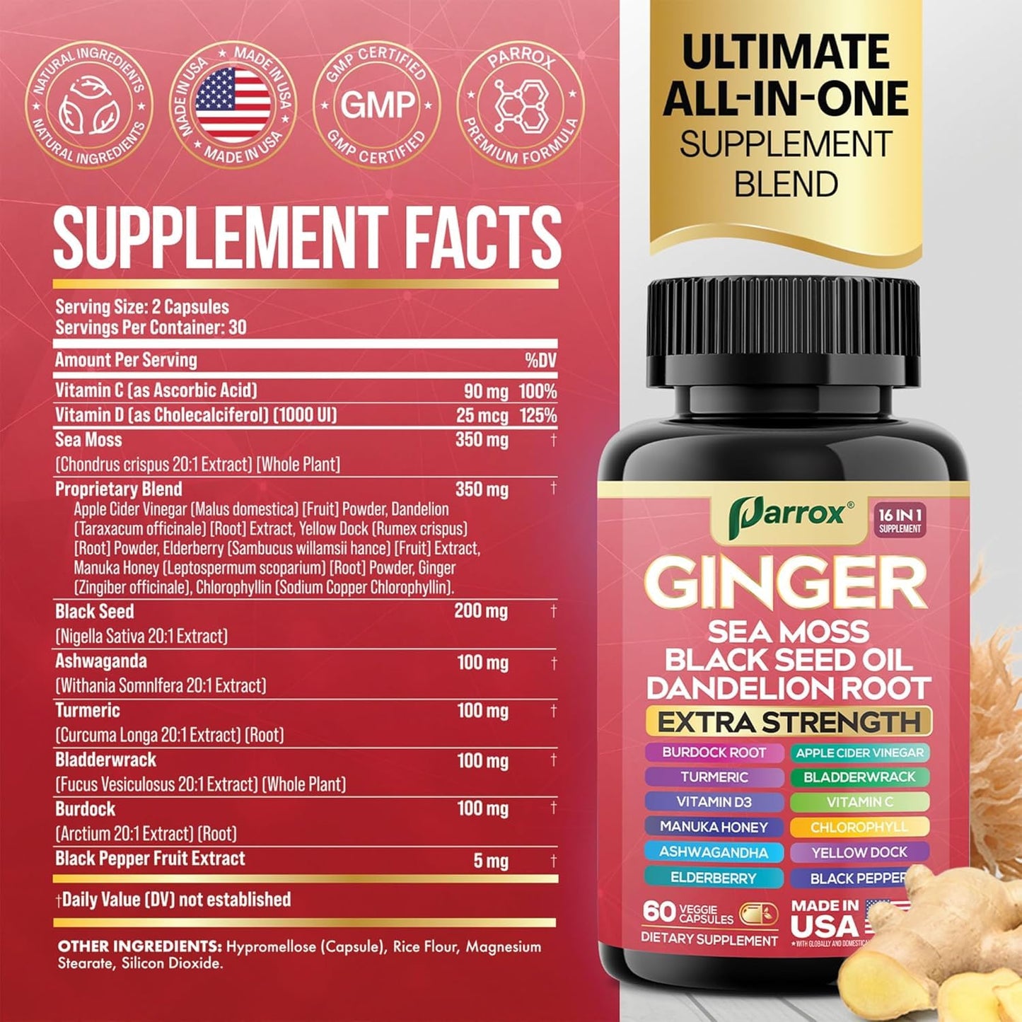 Parrox Ginger Sea Moss Herbal Supplement, 16-in-1 Black Seed Oil & ACV, 180 Capsules