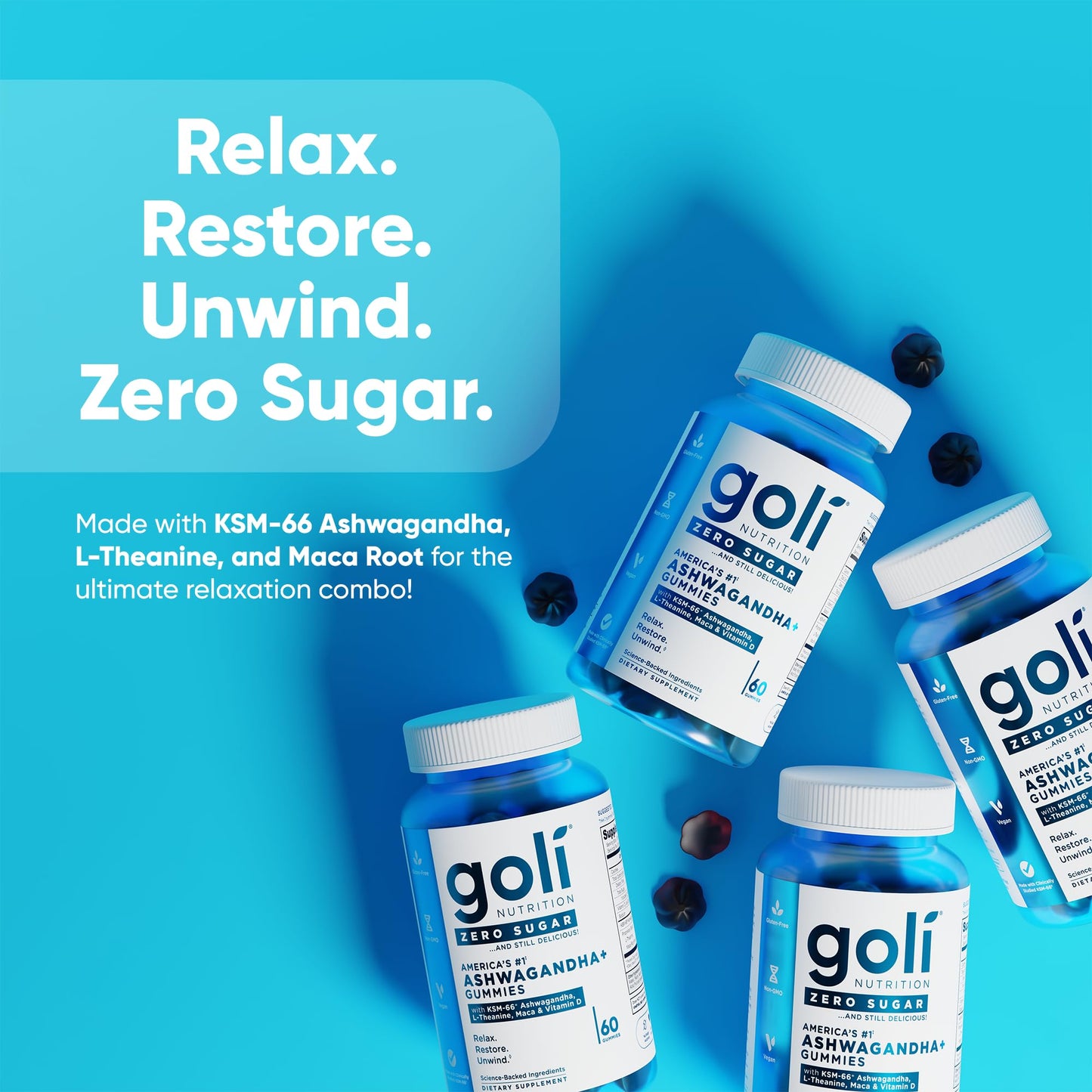 Goli Zero Sugar Ashwagandha Gummies with KSM-66, L-Theanine, Maca and Vitamin D - No Sugar Alcohols - Vegan, Keto-Friendly, Non-GMO