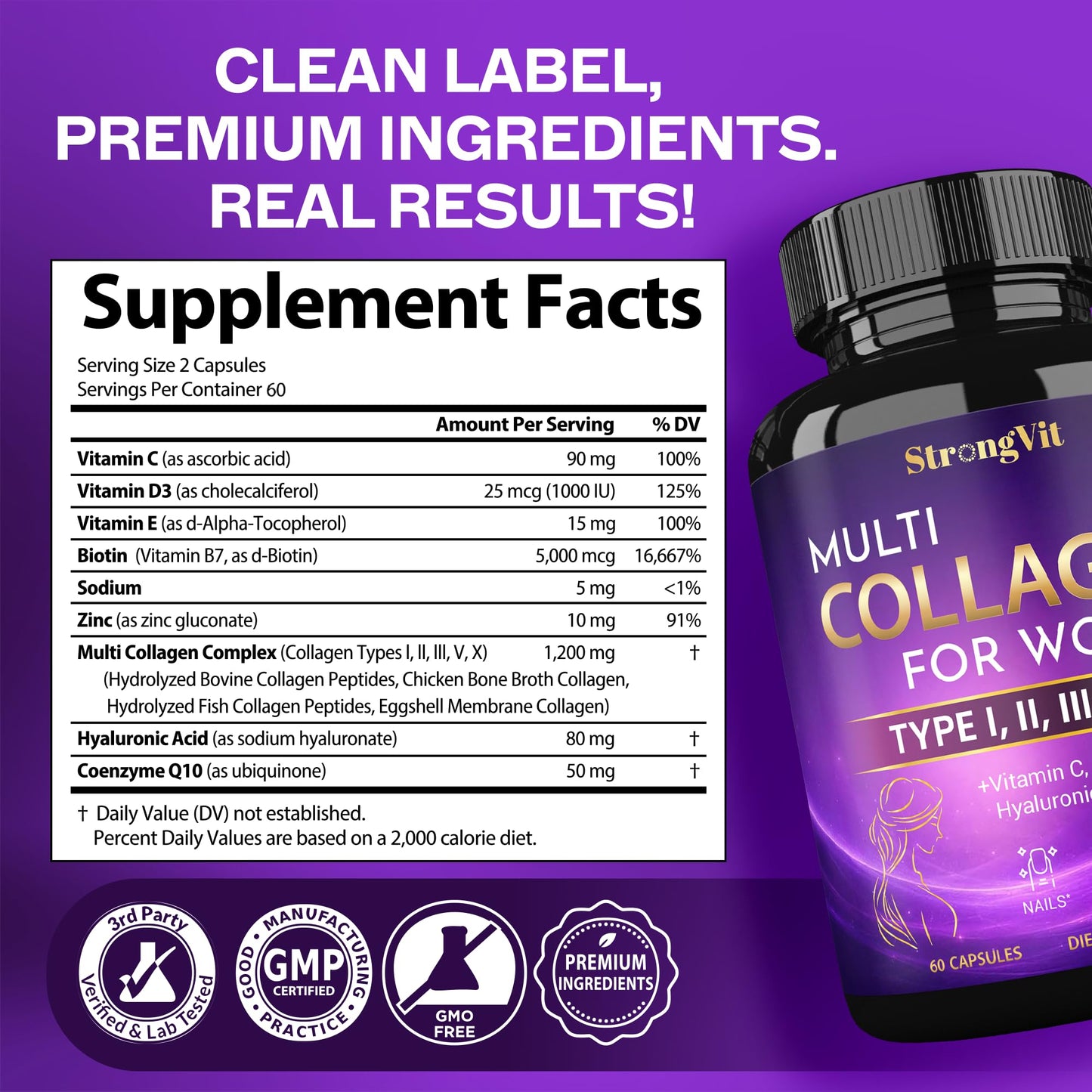 StrongVit Multi Collagen for Women with Biotin, Hyaluronic Acid, CoQ10, Vitamin C, D3 & Zinc – Hair, Skin, Nails – Hydrolyzed Collagen Peptides Type I–X – Capsules, 120 Capsules