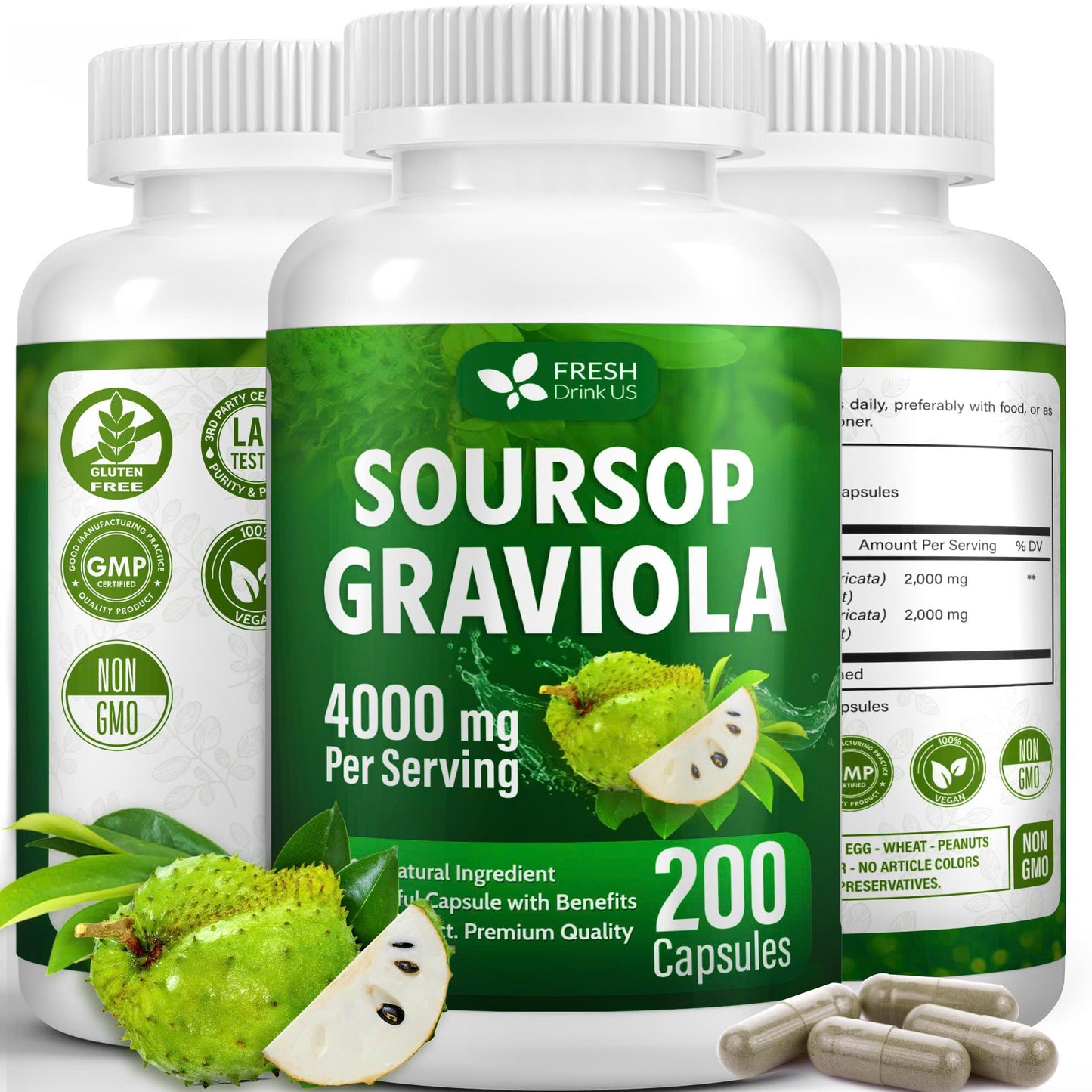FRESHDRINKUS Premium Soursop Capsules, 200 Count
