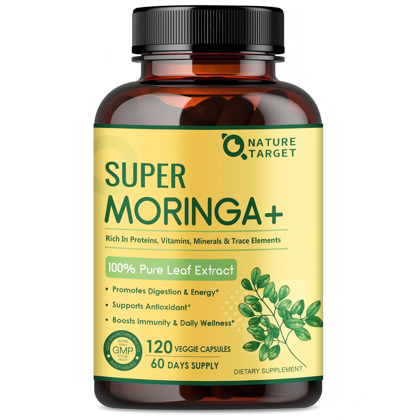 Nature Target Moringa Capsules 1000mg Pure Moringa Oleifera Leaf Supplement for Energy, Immune Support, Non-GMO, Vegan, Caffeine-Free, 120 Capsules