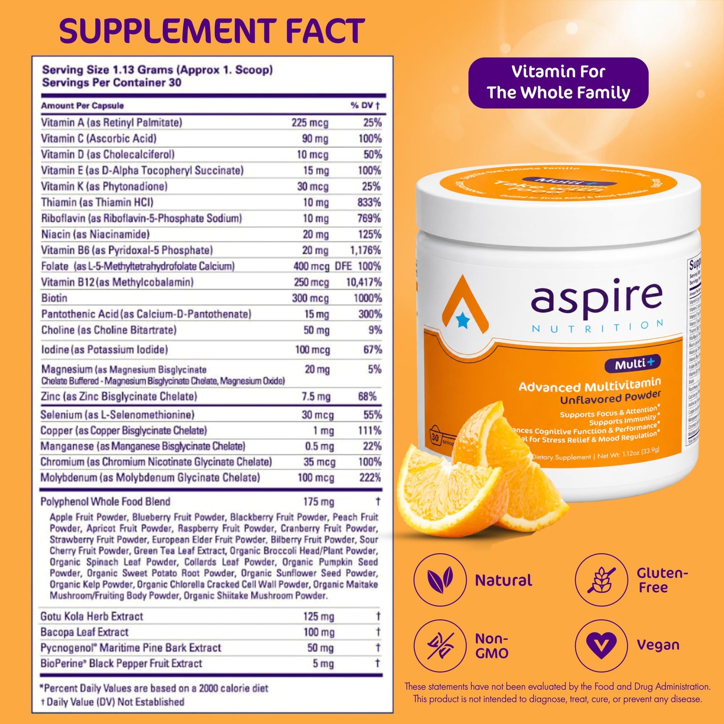 Aspire Nutrition Multi+ Advanced Multivitamin for Kids, Men & Women Powder, 30 Ounces