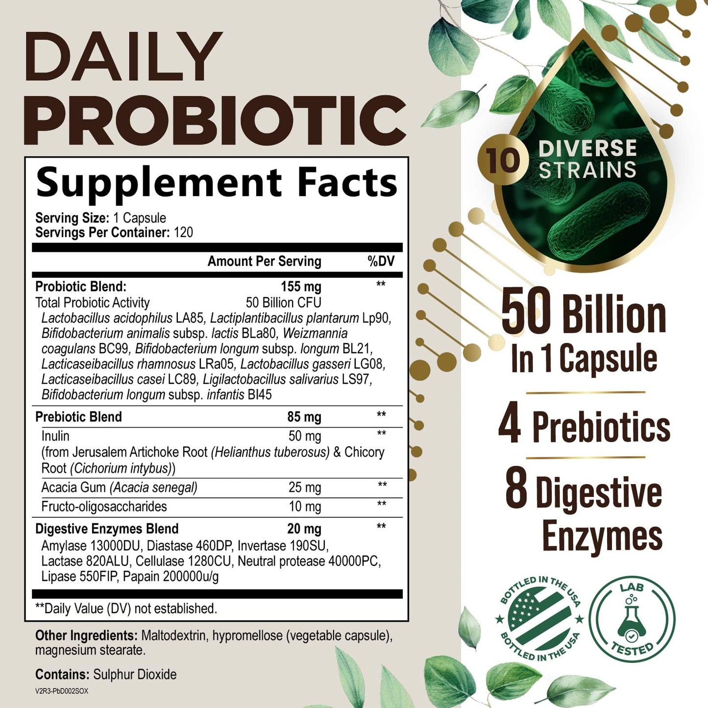 Health Nutrition Naturals Probiotics with 10 Strains + Prebiotics, 50 Billion CFU per Serving - Digestive Health & Immune Support, 120 Capsules