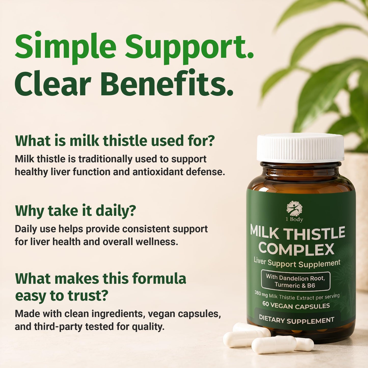 1 Body Milk Thistle Complex, Silymarin Liver Support 120 Capsules