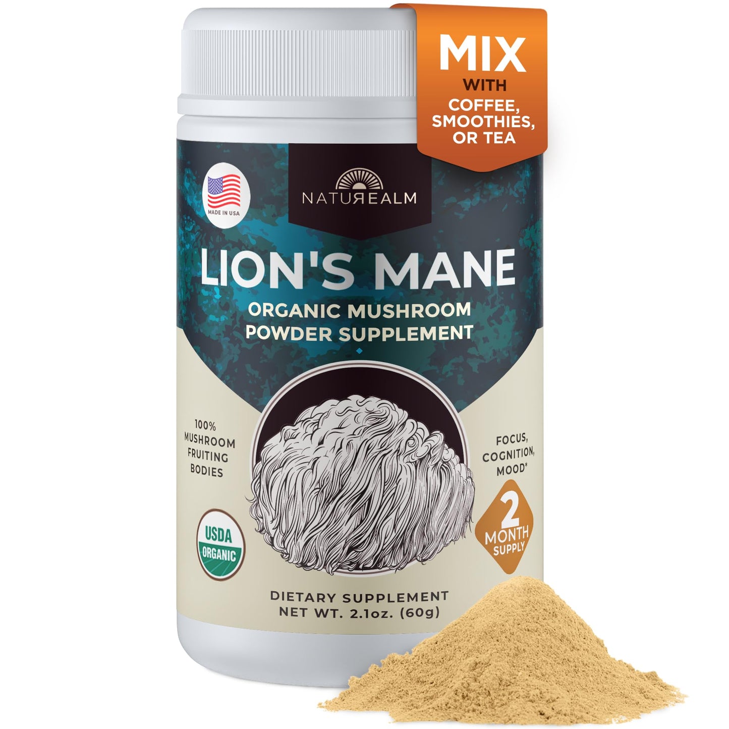 Naturealm Lions Mane Mushroom Powder Supplement Powder 2.1 Ounce