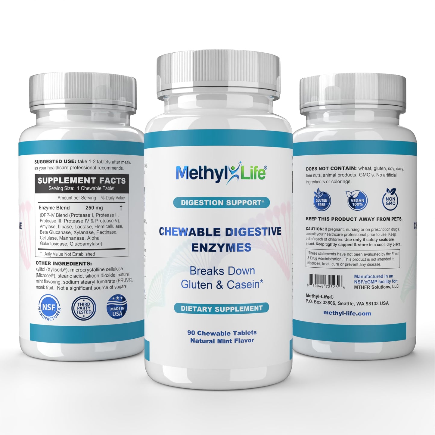Methyl-Life Chewable Digestive Enzymes – Broad-Spectrum Plant-Based Enzyme Blend, Tablets, 90 Count
