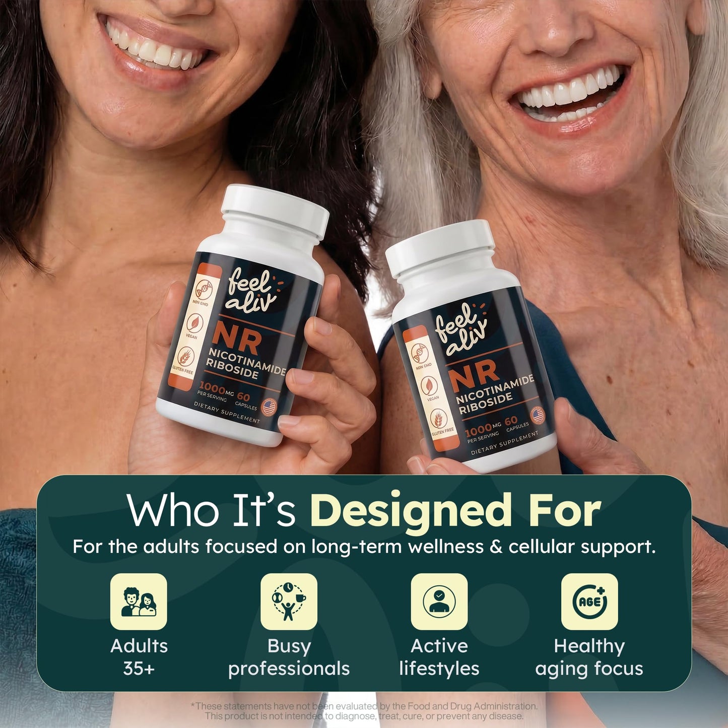 Feelaliv Nicotinamide Riboside (NR) Supplement 1000mg Per Serving NAD+ Precursor Cellular Energy & Cognitive Support Single Ingredient Clean Label Vegan 60 Capsules