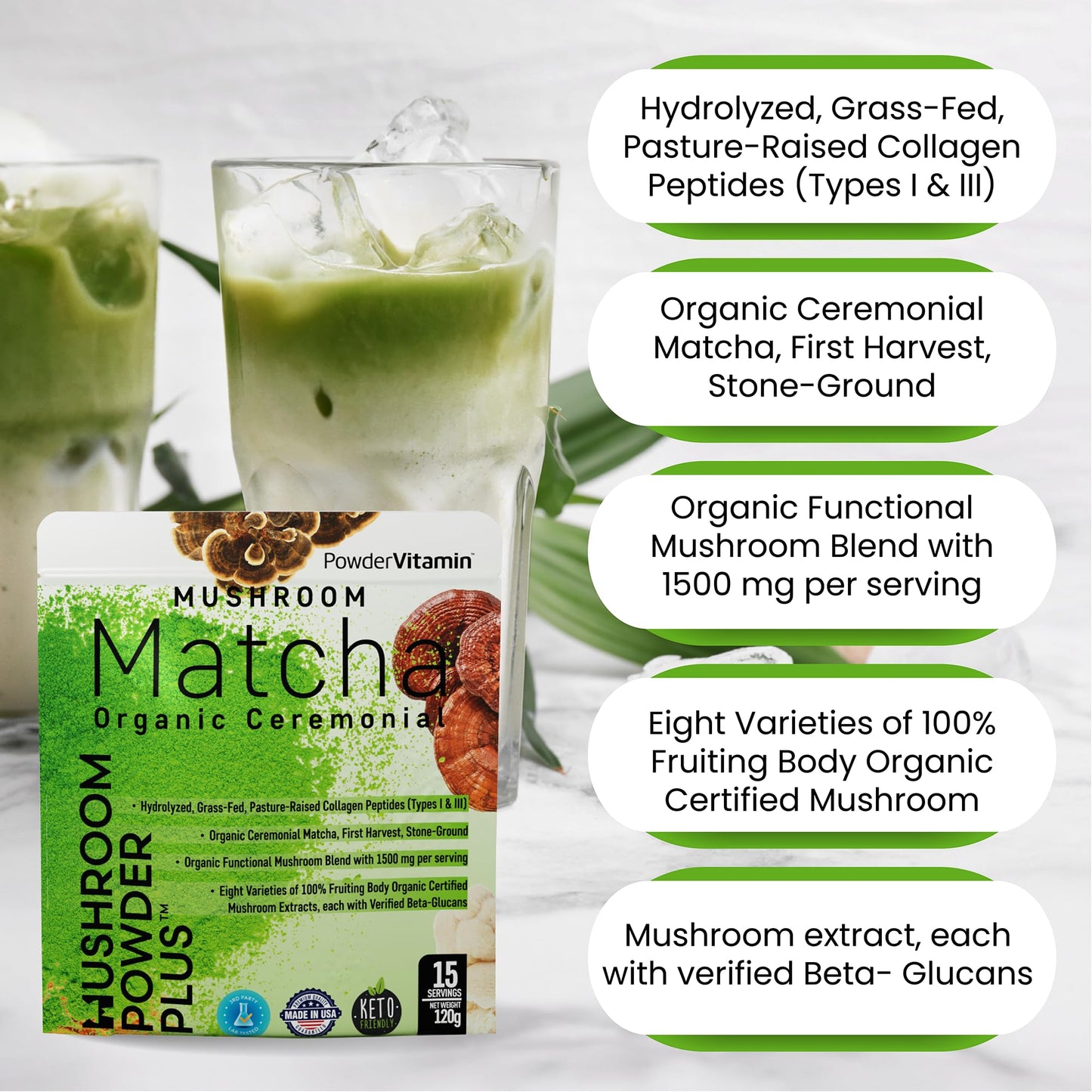PowderVitamin Organic Ceremonial Mushroom Matcha with Grass-Fed Collagen Types I & III, 8 Fruiting Body Mushrooms, Certified Pesticide-Free, Beta-Glucans Tested, Focus Digestion & Immunity, 4.5 oz Powder