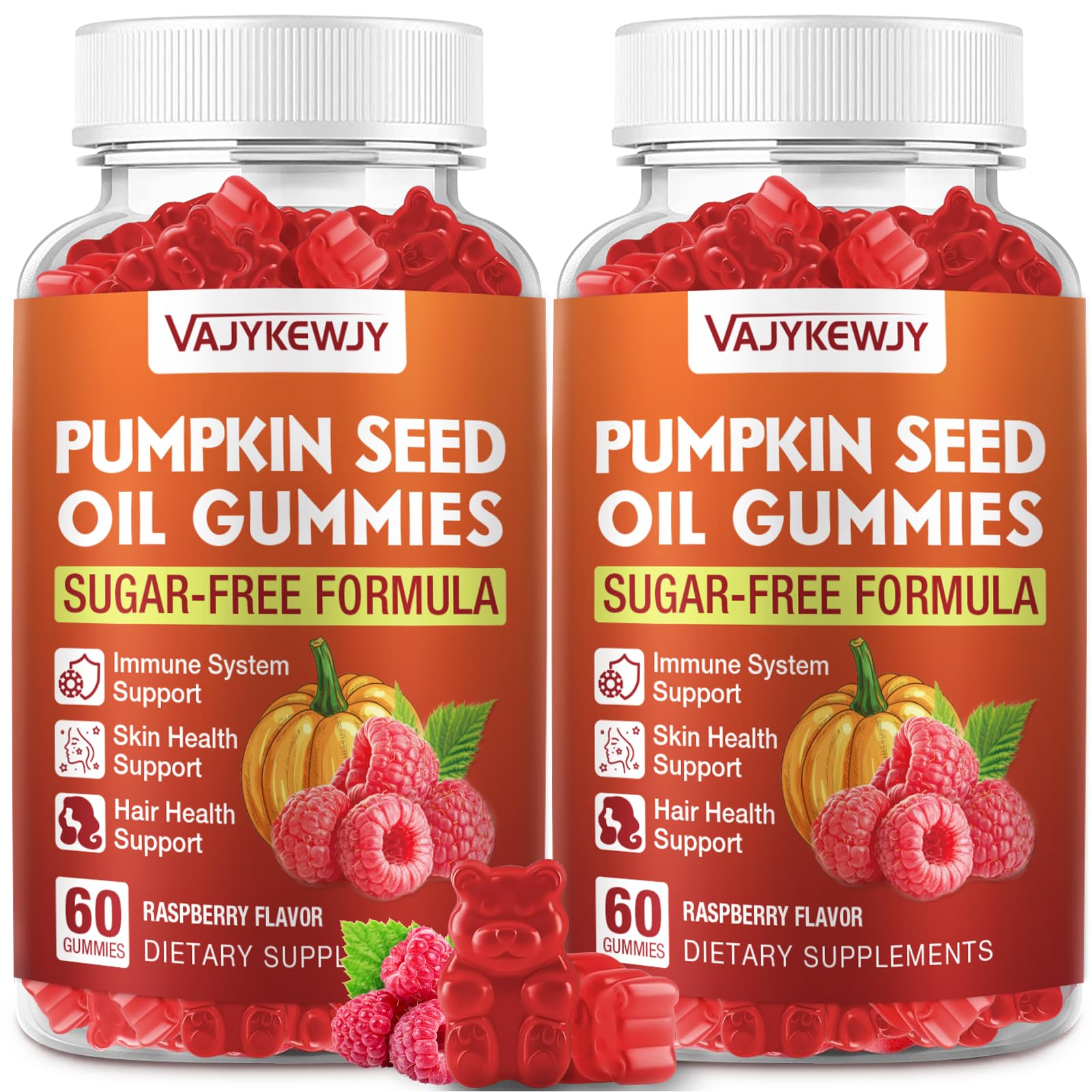 VAJYKEWJY Pumpkin Seed Oil & Saw Palmetto Hair Growth & Skin Health Supplement with High-Purity Extract for Women & Men, Vegan, Raspberry Flavor Gummy 2-pack