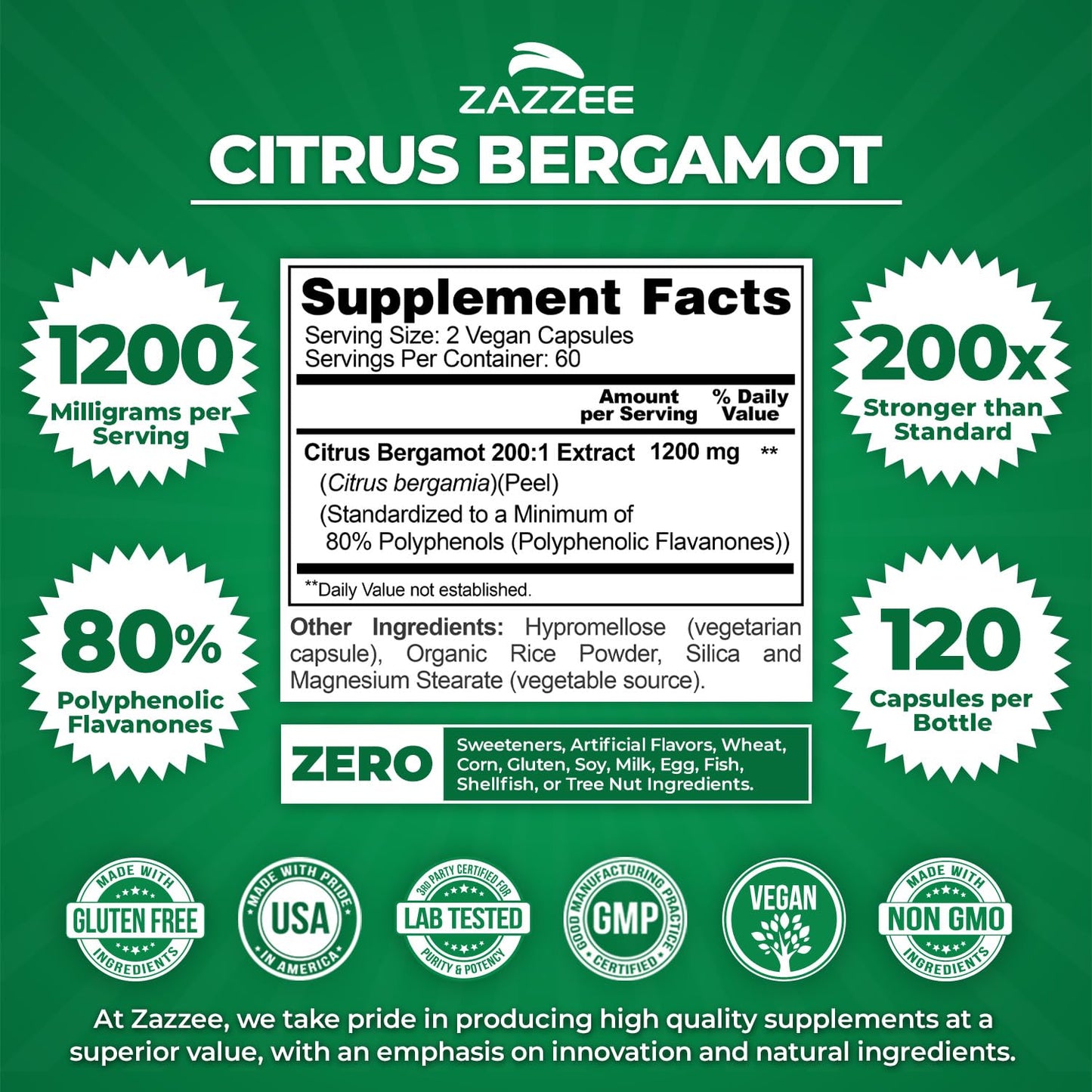 Zazzee Extra Strength Citrus Bergamot 200:1 Extract Vegan Capsules, 120 Count