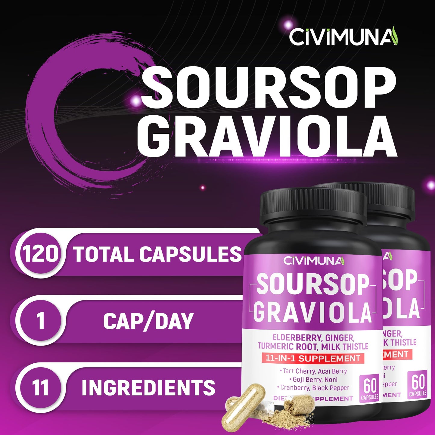 CIVIMUNA Soursop Graviola Capsules with Elderberry, Turmeric Curcumin 120 Capsules