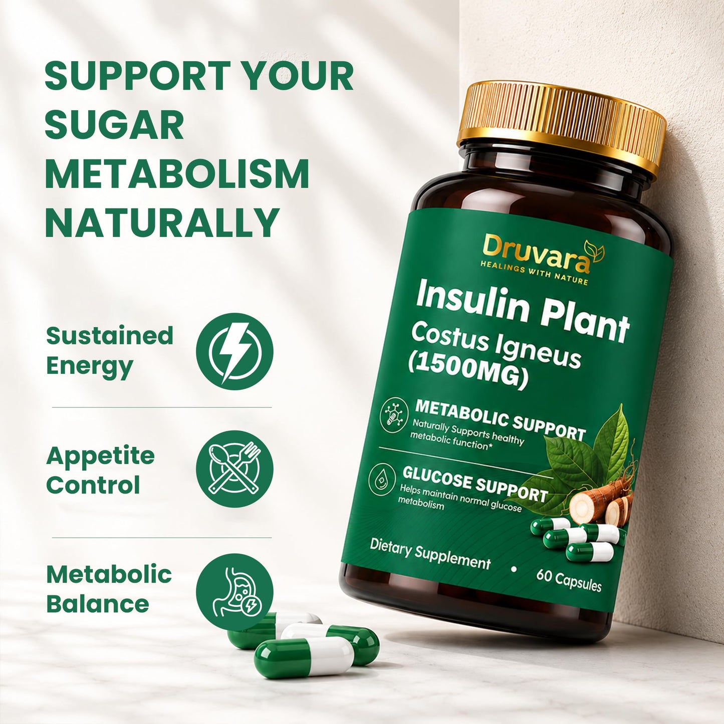 Druvara Insulin Plant Capsules (Costus Igneus), 60 Capsules