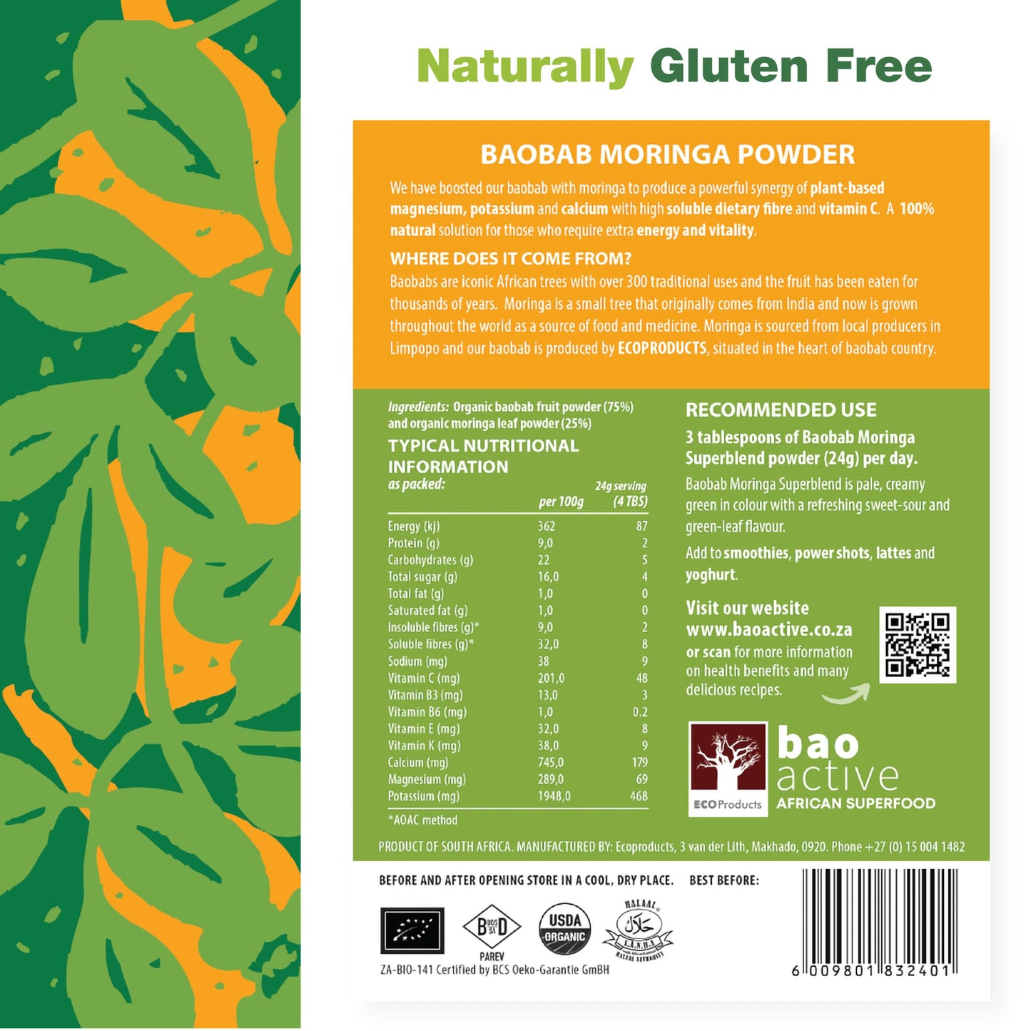 Baoactive Baobab Moringa Powder Superblend Capsules 120 Count